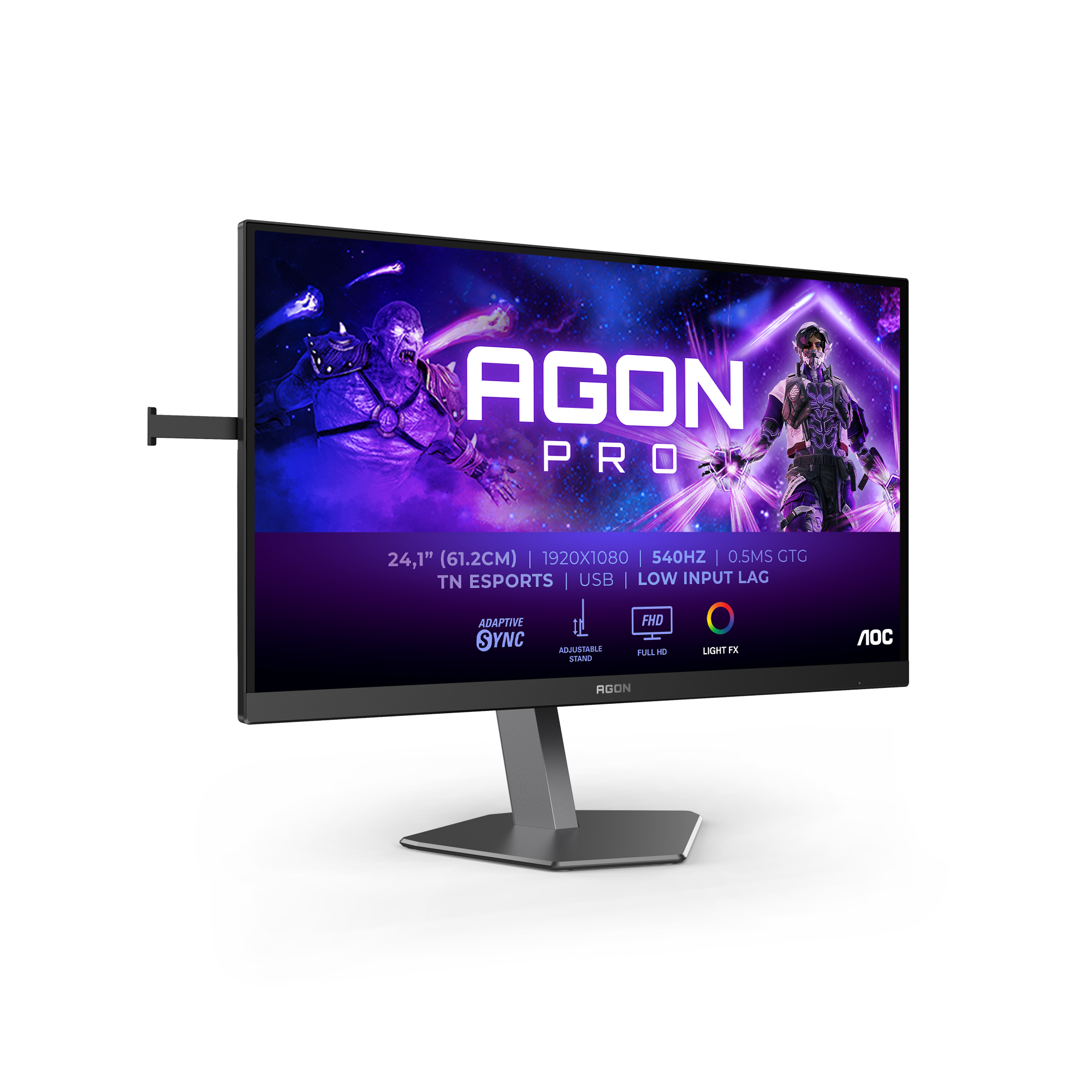 AOC-monitor met een gamer-thema achtergrond, verstelbare standaard. Witte achtergrond.