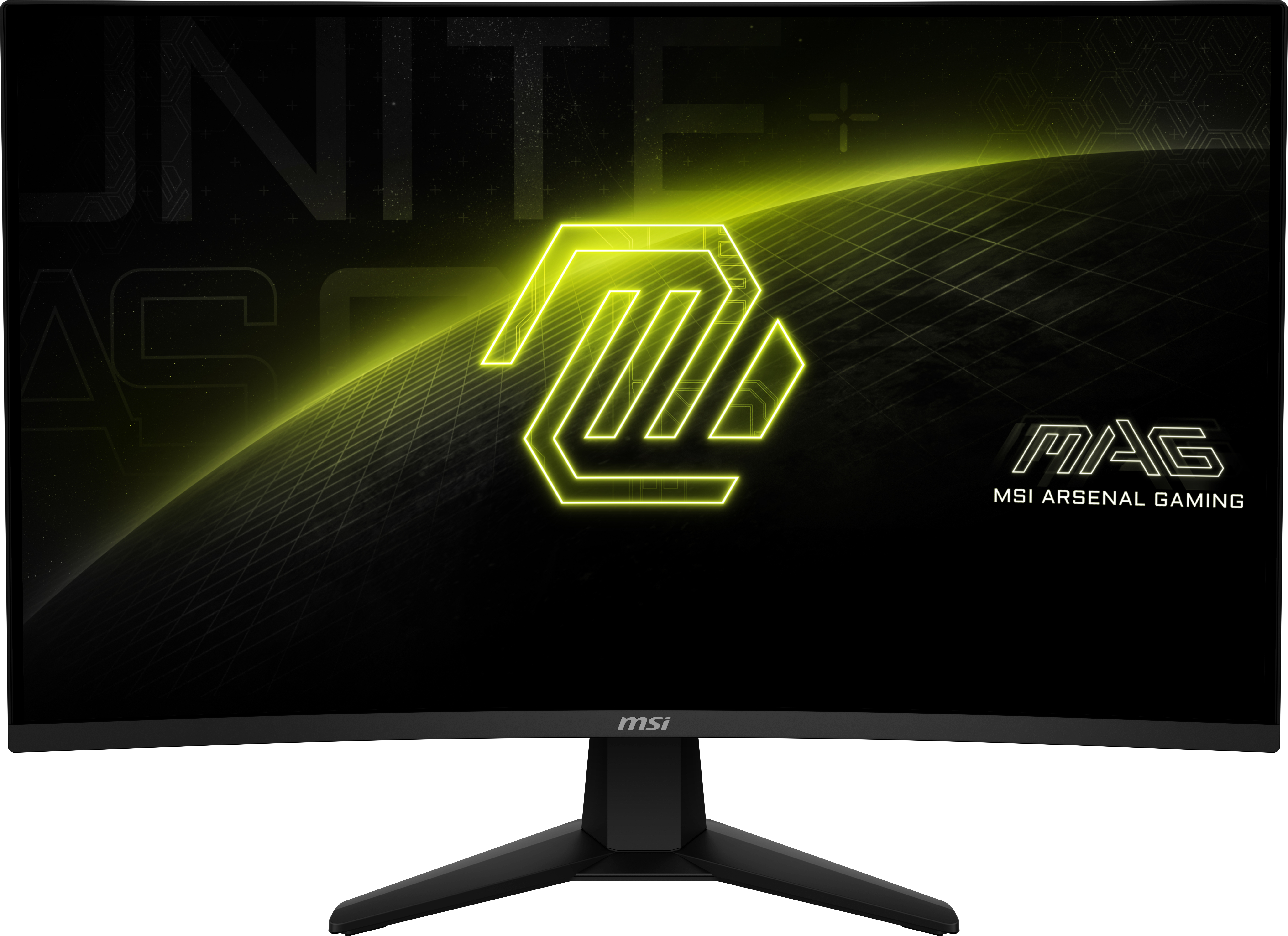 Monitor gamingowy MSI z logo. Zakrzywiony monitor z logo MSI Arsenal Gaming na czarnym tle.