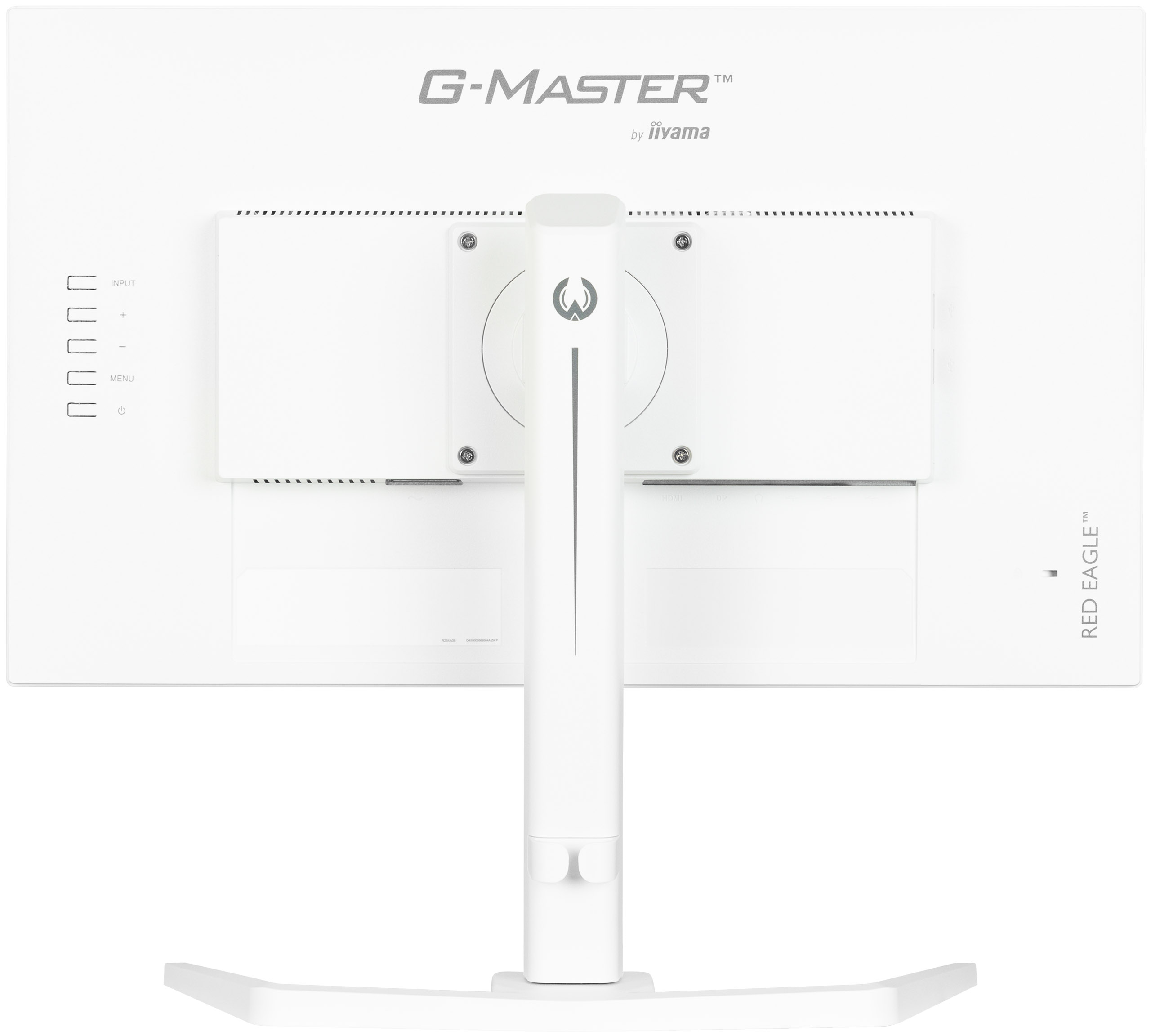 Parte trasera de monitor de computadora blanco, con soporte y entradas.