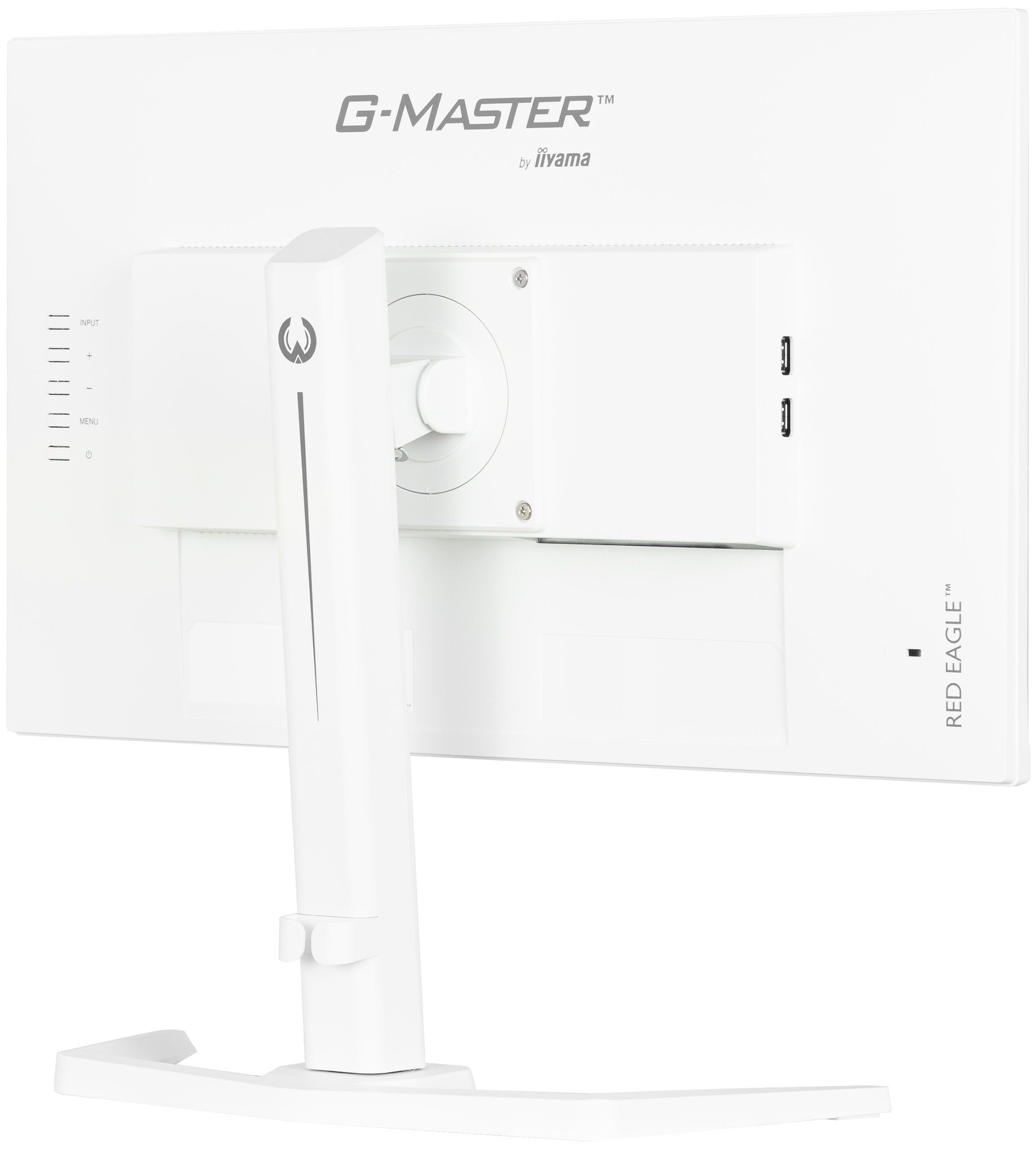 Parte trasera de un monitor de computadora blanco con soporte. El fondo es blanco.