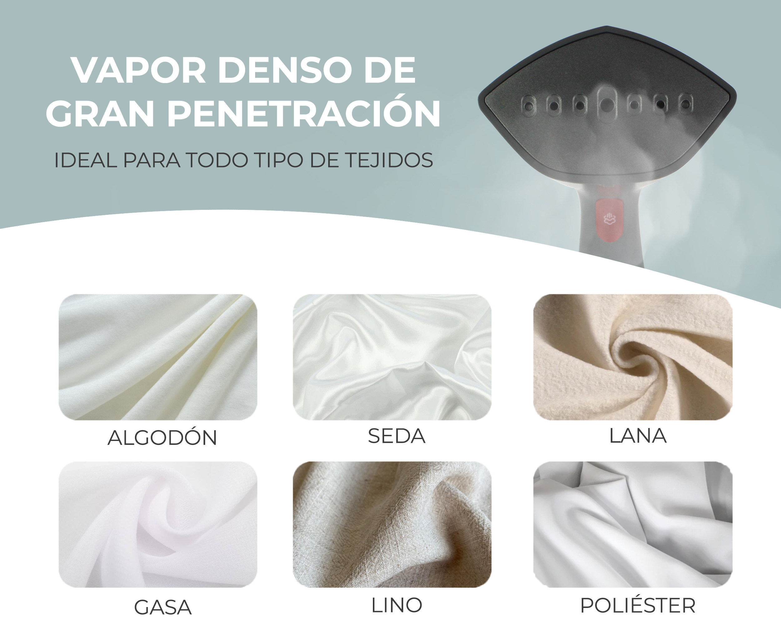 Cabezal de vapor con texto sobre penetración densa de vapor y muestras de tela abajo.