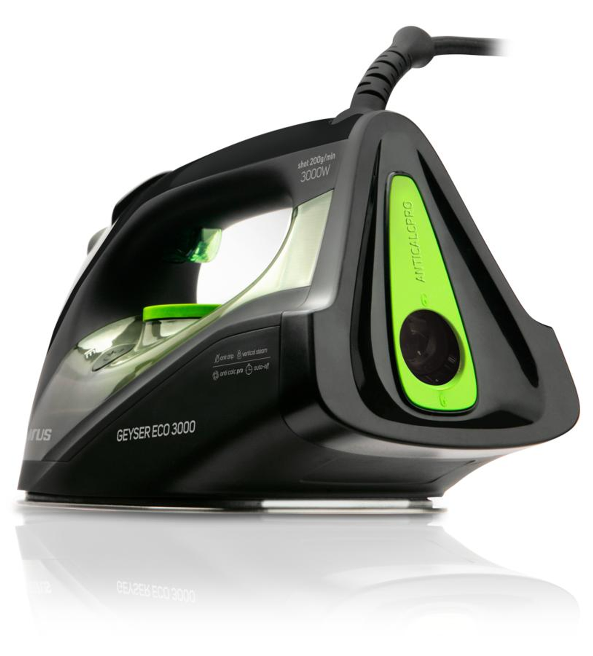 Czarne i zielone żelazko, marki Taurus, z przezroczystym zbiornikiem na wodę i uchwytem.