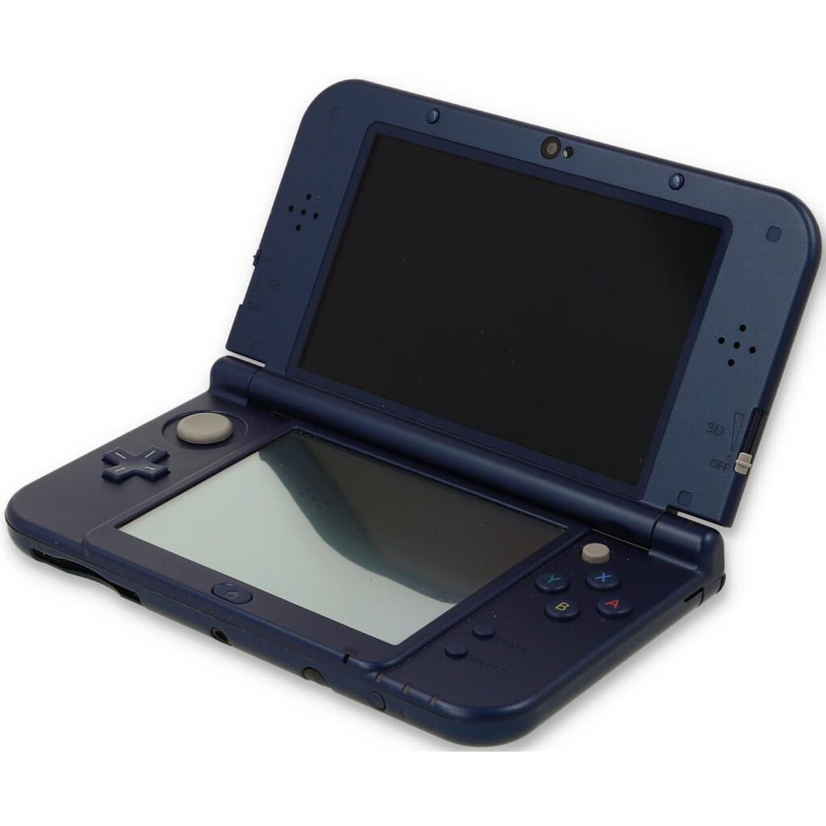 Blaue Nintendo 3DS Handheld-Konsole, offen. Unterer Bildschirm, oberer Bildschirm, Tasten und Steuerknüppel sichtbar.