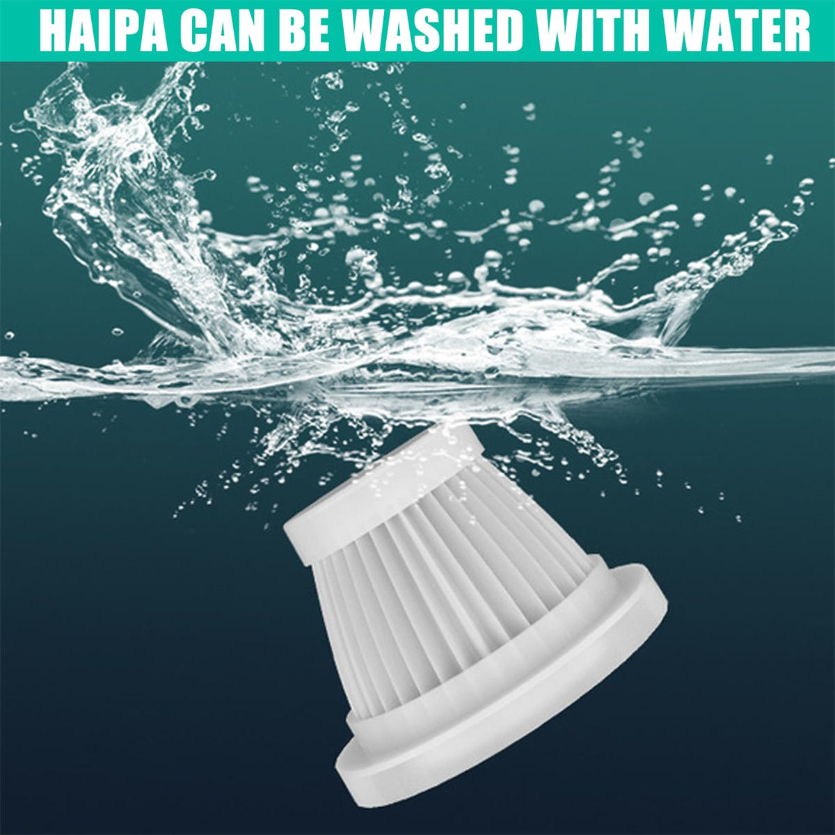 Weißer Filter wird mit Wasser gewaschen, mit Text: 'HAIPA KANN MIT WASSER GEWASCHEN WERDEN'.