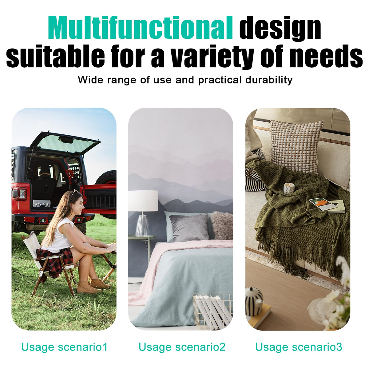 Drei Nutzungsszenarien werden gezeigt: Camping, Schlafzimmer und Outdoor mit Textüberlagerung.
