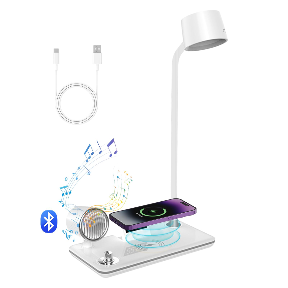 Weiße Schreibtischlampe mit Telefon auf kabellosem Ladegerät, Noten und USB-Kabel.