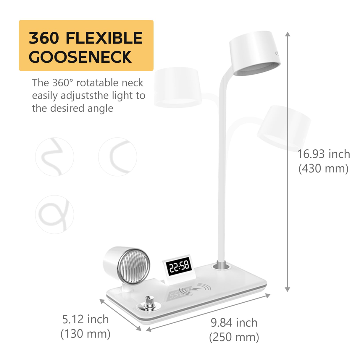 Eine weiße Schreibtischlampe mit Schwanenhals und Sockel mit Uhr und kabellosem Ladegerät.