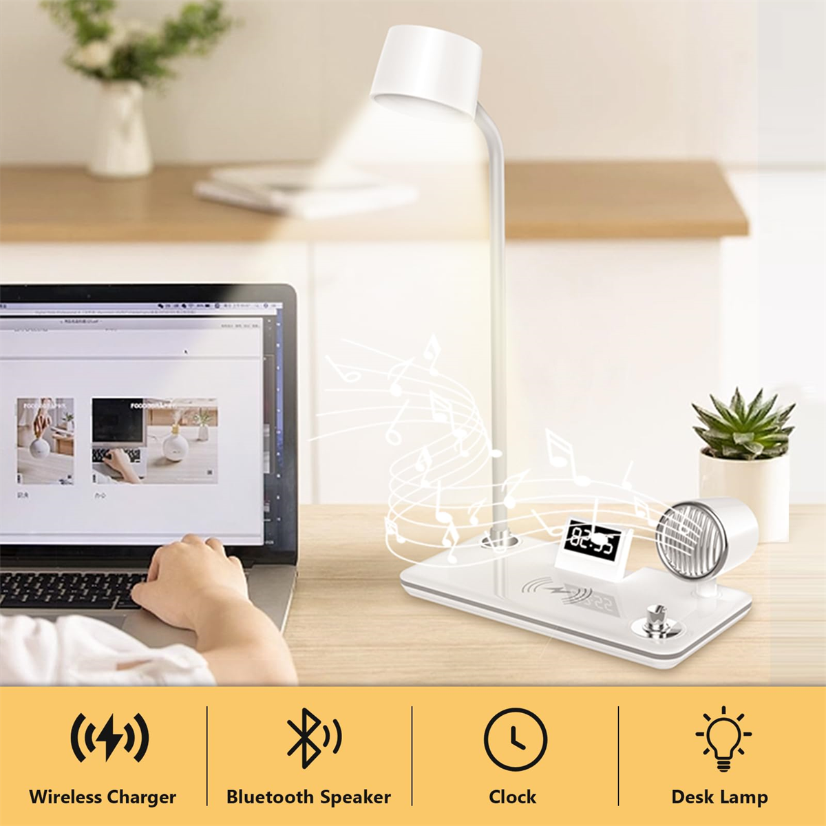 Eine weiße Schreibtischlampe mit kabellosem Ladegerät, Bluetooth-Lautsprecher, Uhr und kleiner Pflanze.