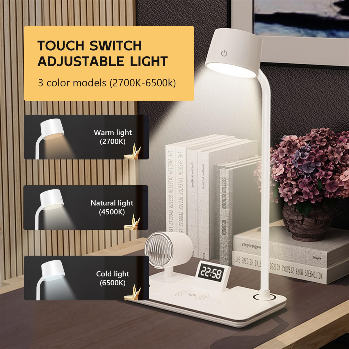 Eine weiße Schreibtischlampe mit einstellbarem Licht. Drei Lichtbeispiele: warm, natürlich und kalt. Uhr und Bücher sind vorhanden.