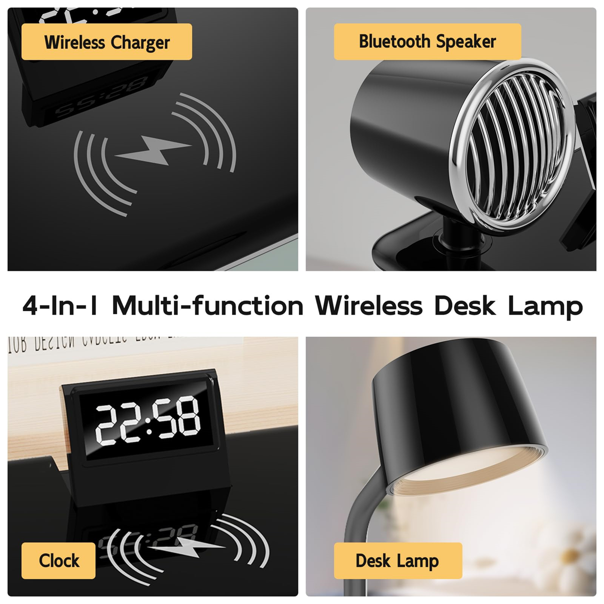 Schwarze 4-in-1-Schreibtischlampe mit Uhr, kabellosem Ladegerät und Lautsprecher.