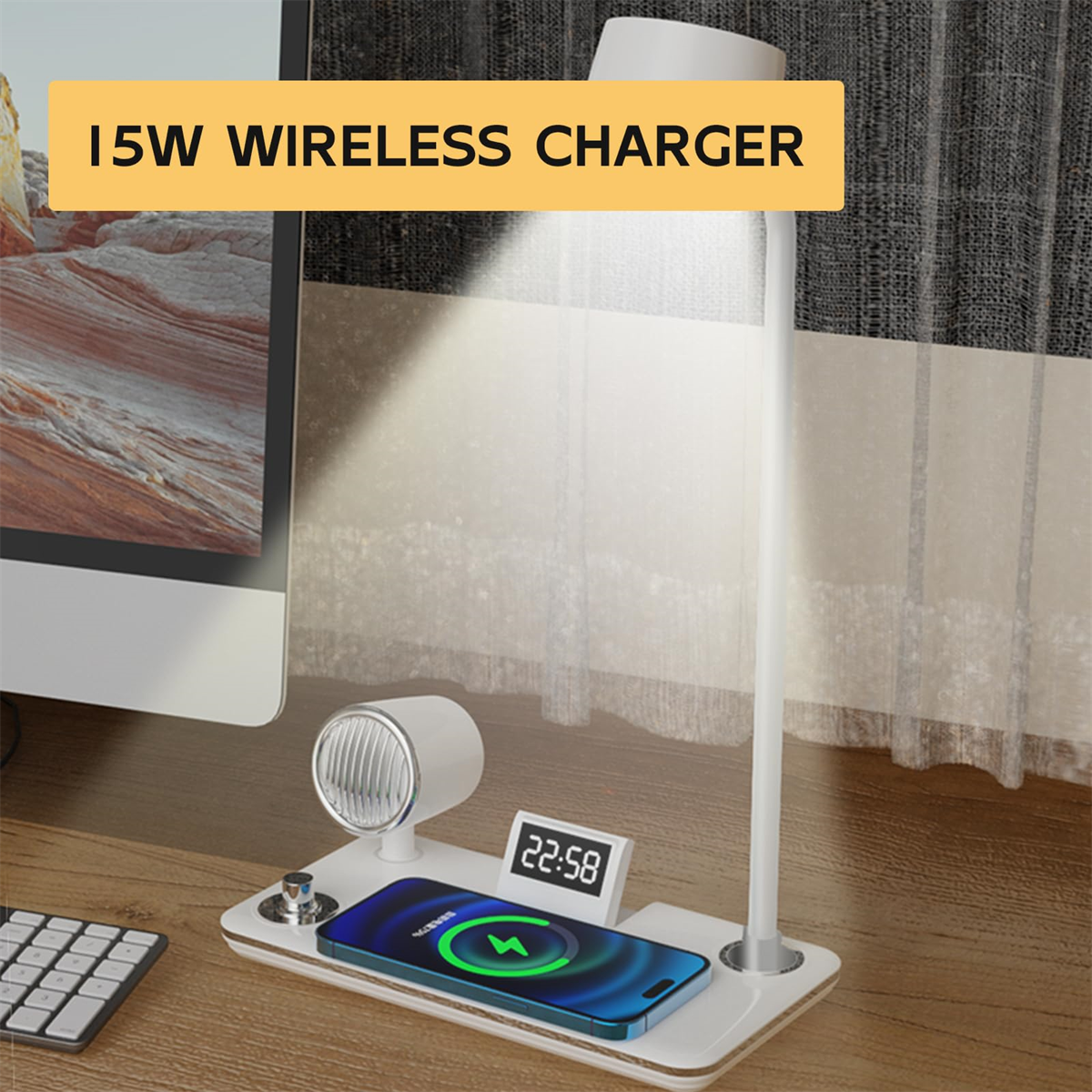 Kabelloses Ladegerät mit Ladetelefon, Uhr und Lampe, mit Textüberlagerung.