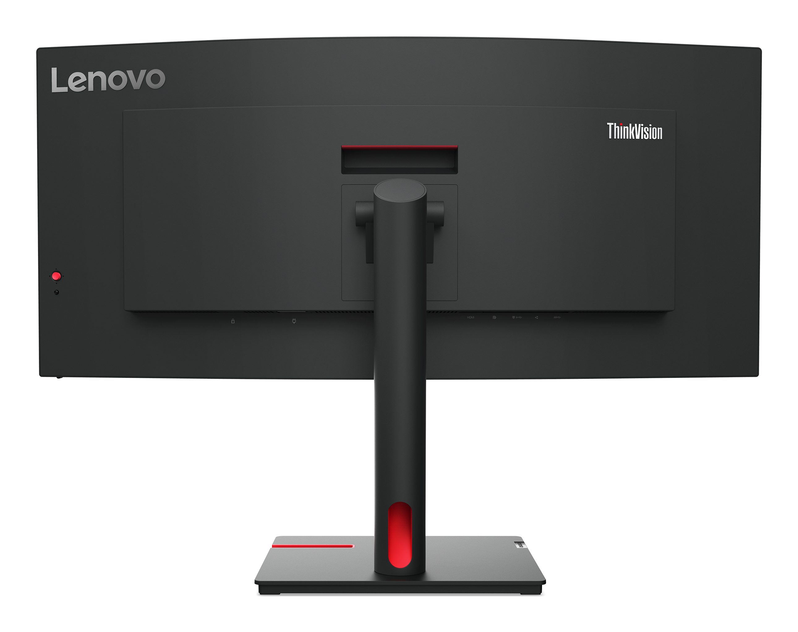 Widok z tyłu czarnego monitora Lenovo ThinkVision z czerwonym akcentem i podstawą.