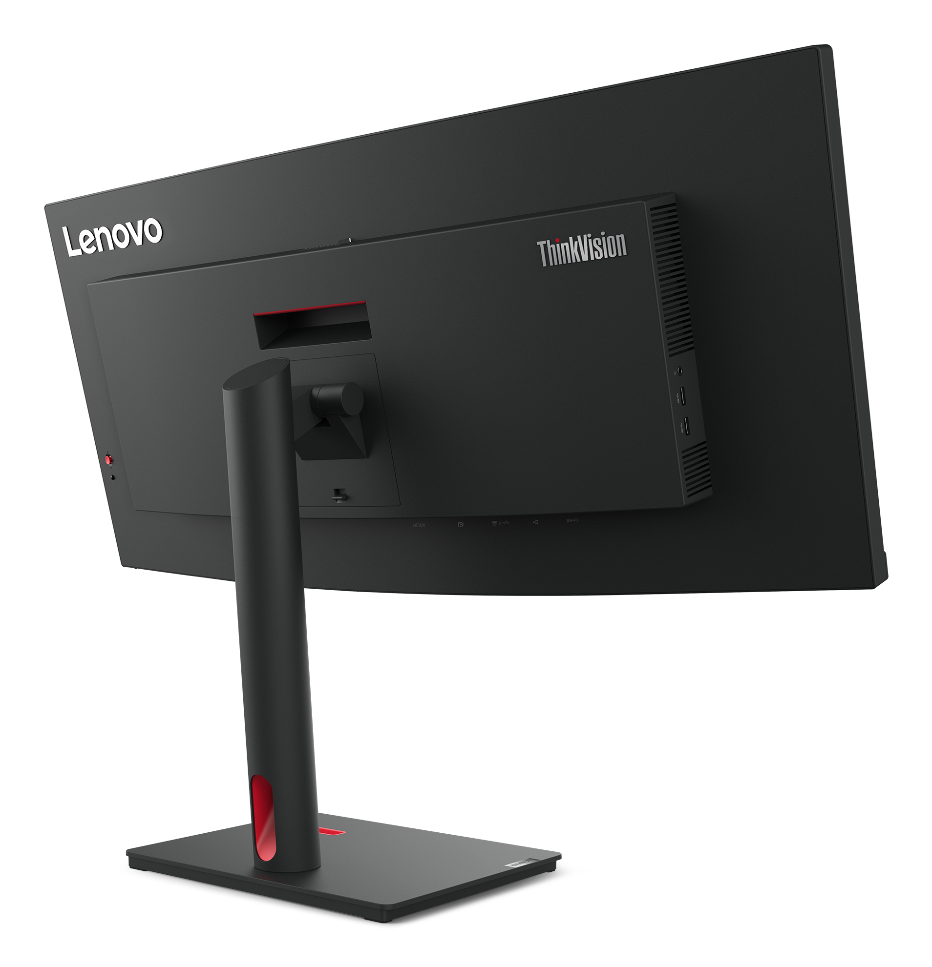 Widok z tyłu czarnego monitora Lenovo ThinkVision z czerwonymi akcentami.