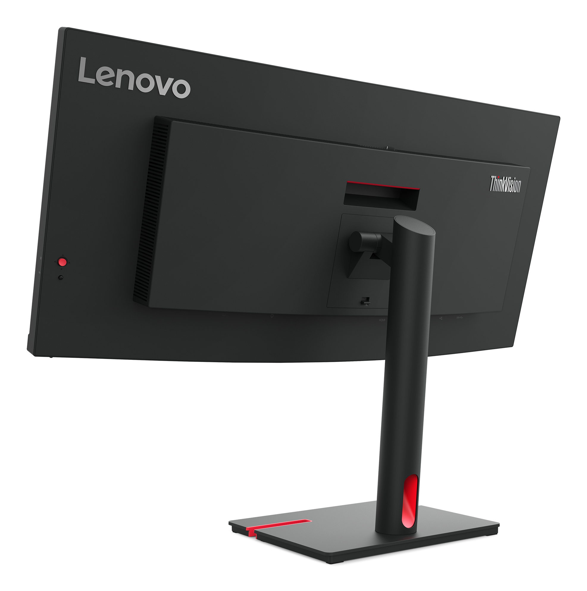 Widok z tyłu czarnego monitora Lenovo z logo ThinkVision. Czerwone akcenty.