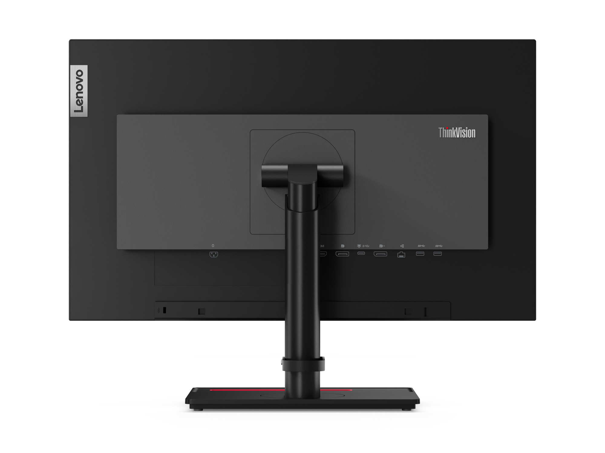 Vista trasera de un monitor Lenovo ThinkVision negro con el logotipo ThinkVision y varios puertos.