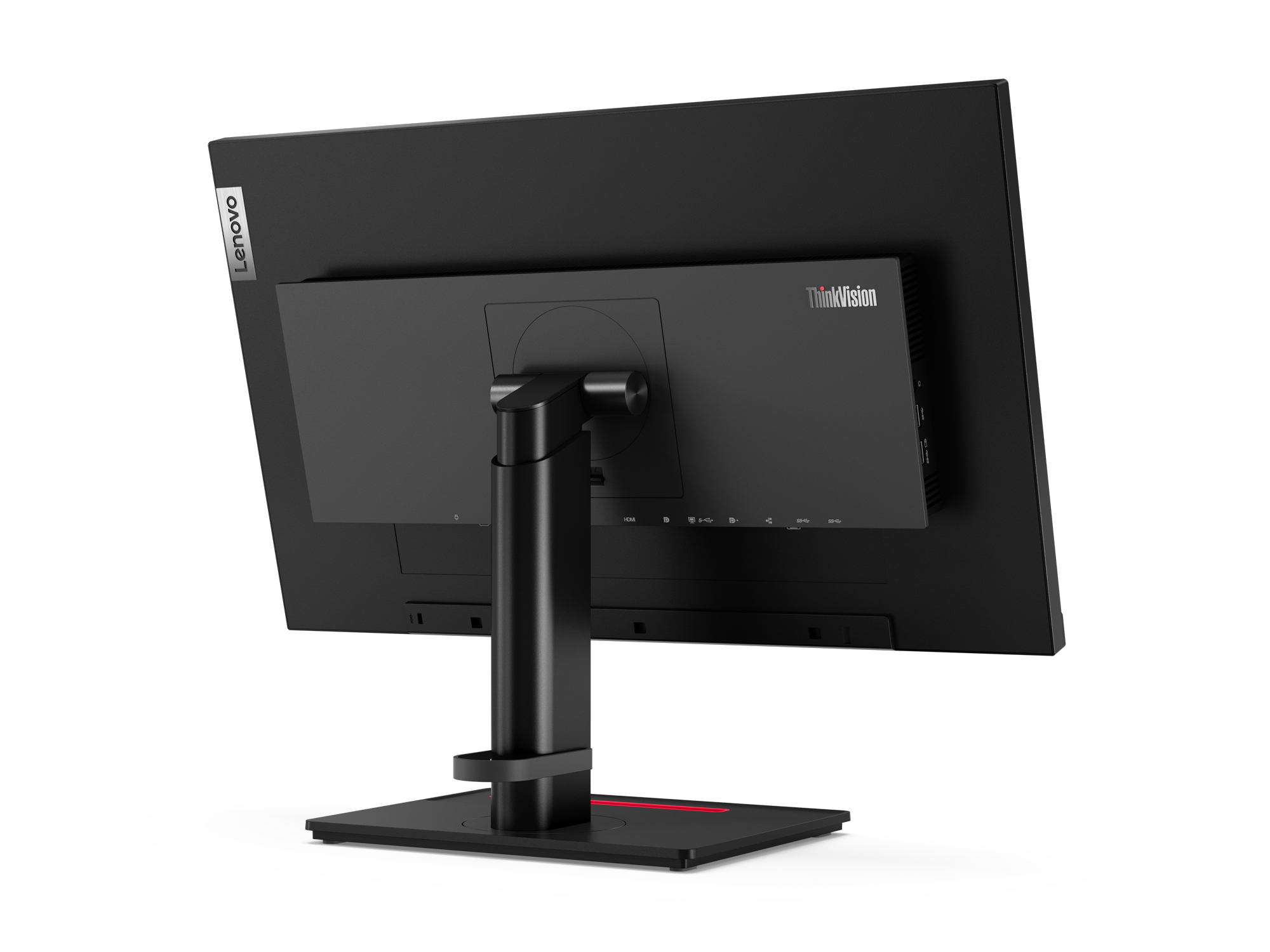 La parte trasera de un monitor de computadora negro sobre un soporte. Los logotipos de Lenovo y ThinkVision.
