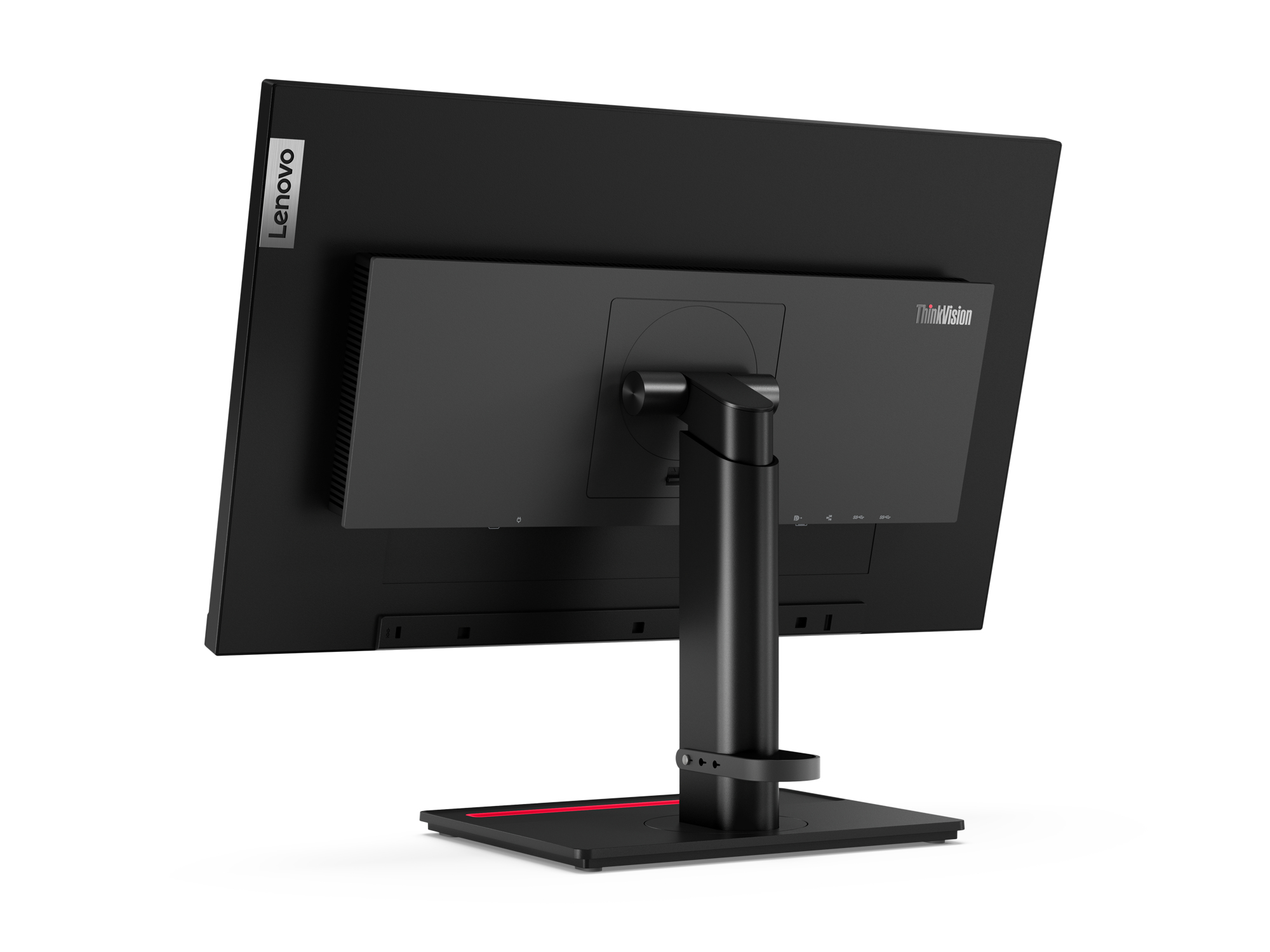 Un monitor negro con un soporte negro y el logo de Lenovo arriba a la izquierda.