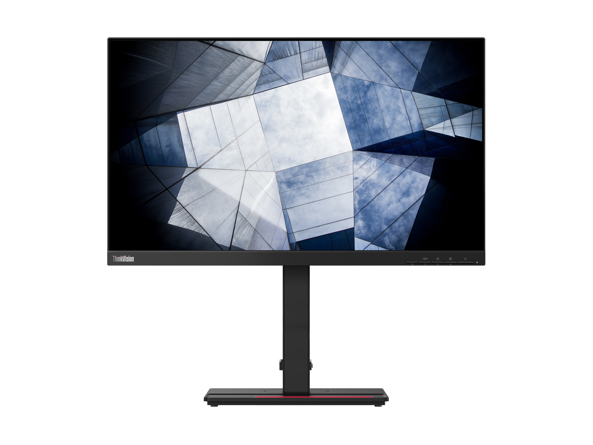 Un monitor de computadora negro con un soporte. La pantalla muestra un diseño geométrico abstracto.