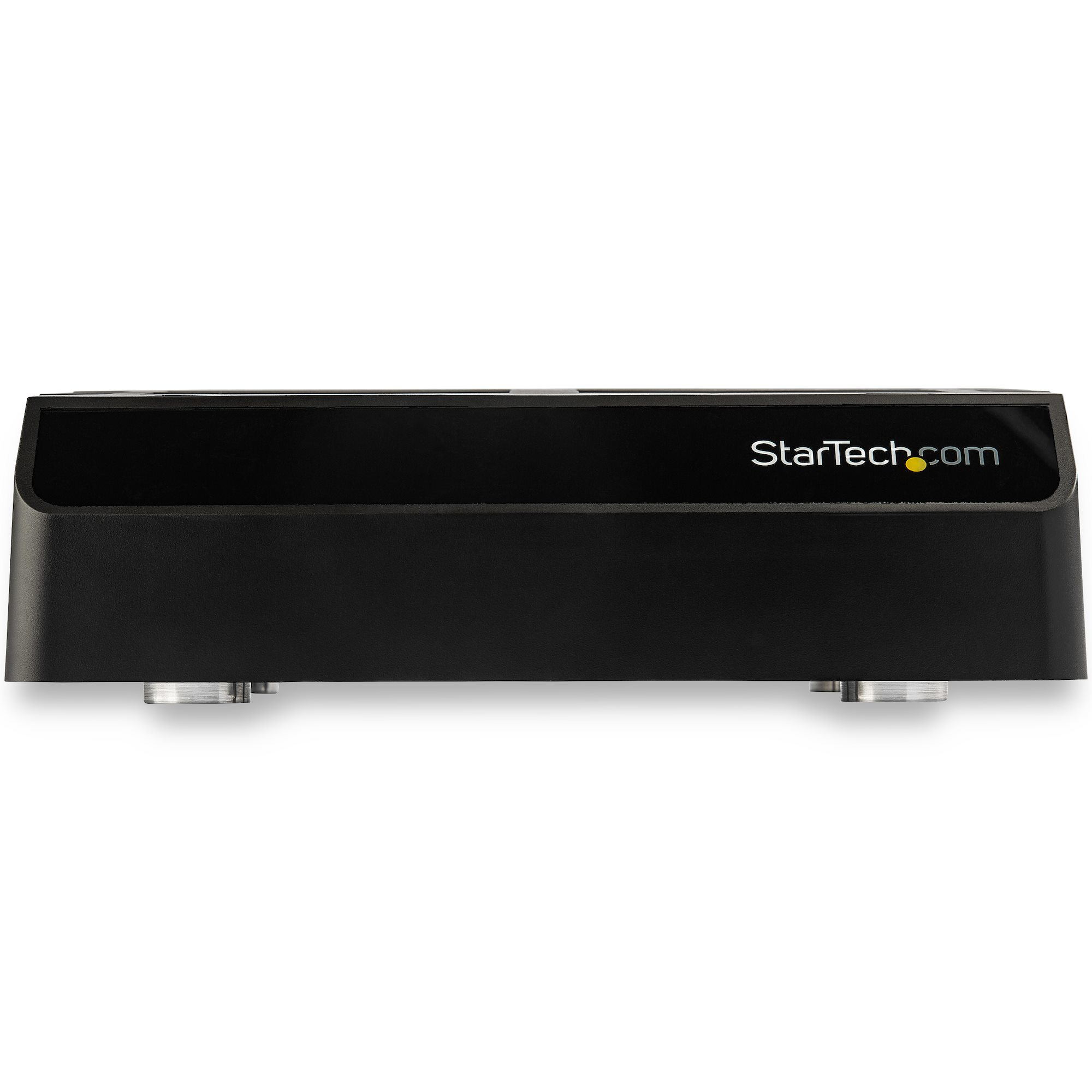 Dispositivo StarTech.com nero con logo e due piedini argentati su sfondo bianco.