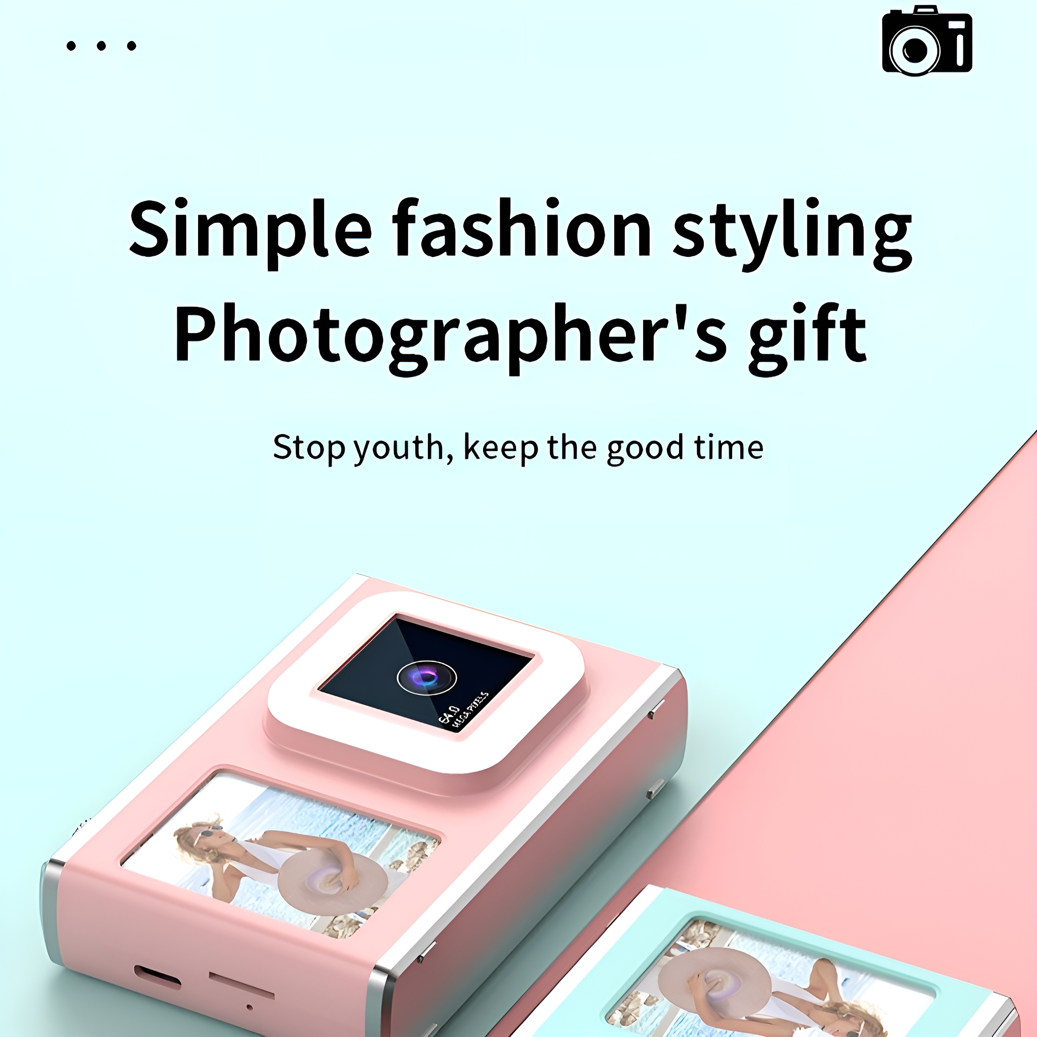 Eine rosa und hellblaue Kamera mit kleinem Bildschirm, für Fotografie entworfen.