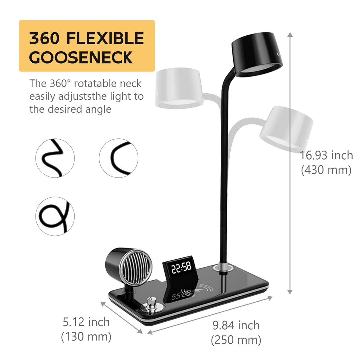 Schwarze Schreibtischlampe mit flexiblem Schwanenhals-Design. Sie hat ein digitales Display und eine kabellose Ladestation.