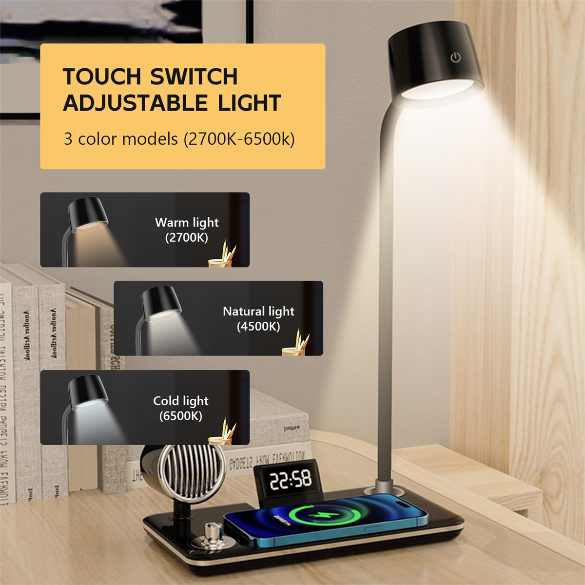 Eine Schreibtischlampe mit Touch-Schalter. Sie hat eine Ladestation und zeigt Zeit und Ladung an.