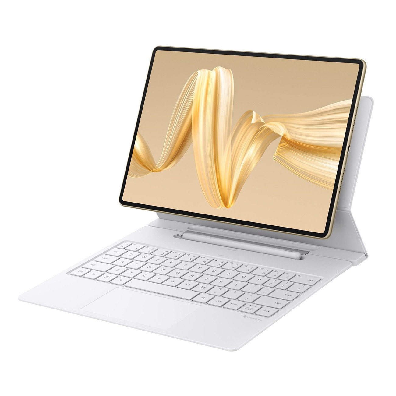 Tablet mit goldenem Rahmen, auf einer weißen Tastaturhülle aufgestellt. Ein Stift liegt auf der Tastatur. Der Bildschirm ist an.
