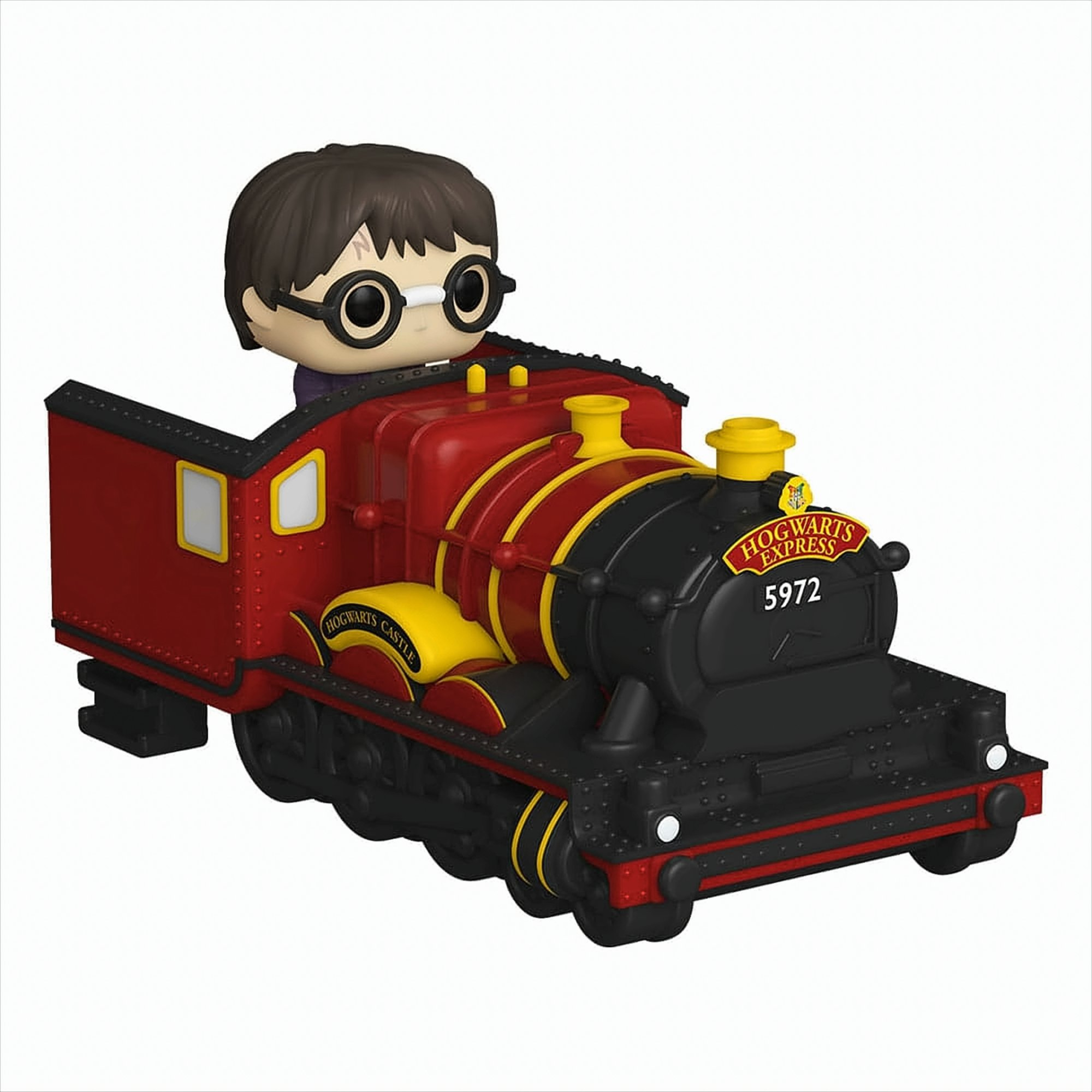 Eine Harry-Potter-Funko-Pop-Figur auf einer roten und schwarzen Hogwarts-Express-Zugnachbildung.