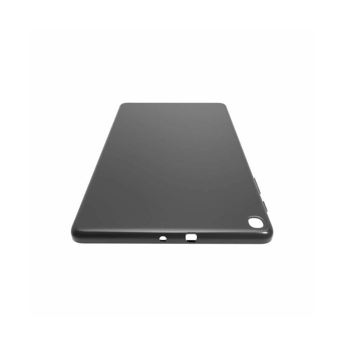 Custodia nera per tablet su bianco. Rettangolare e con foro per fotocamera.
