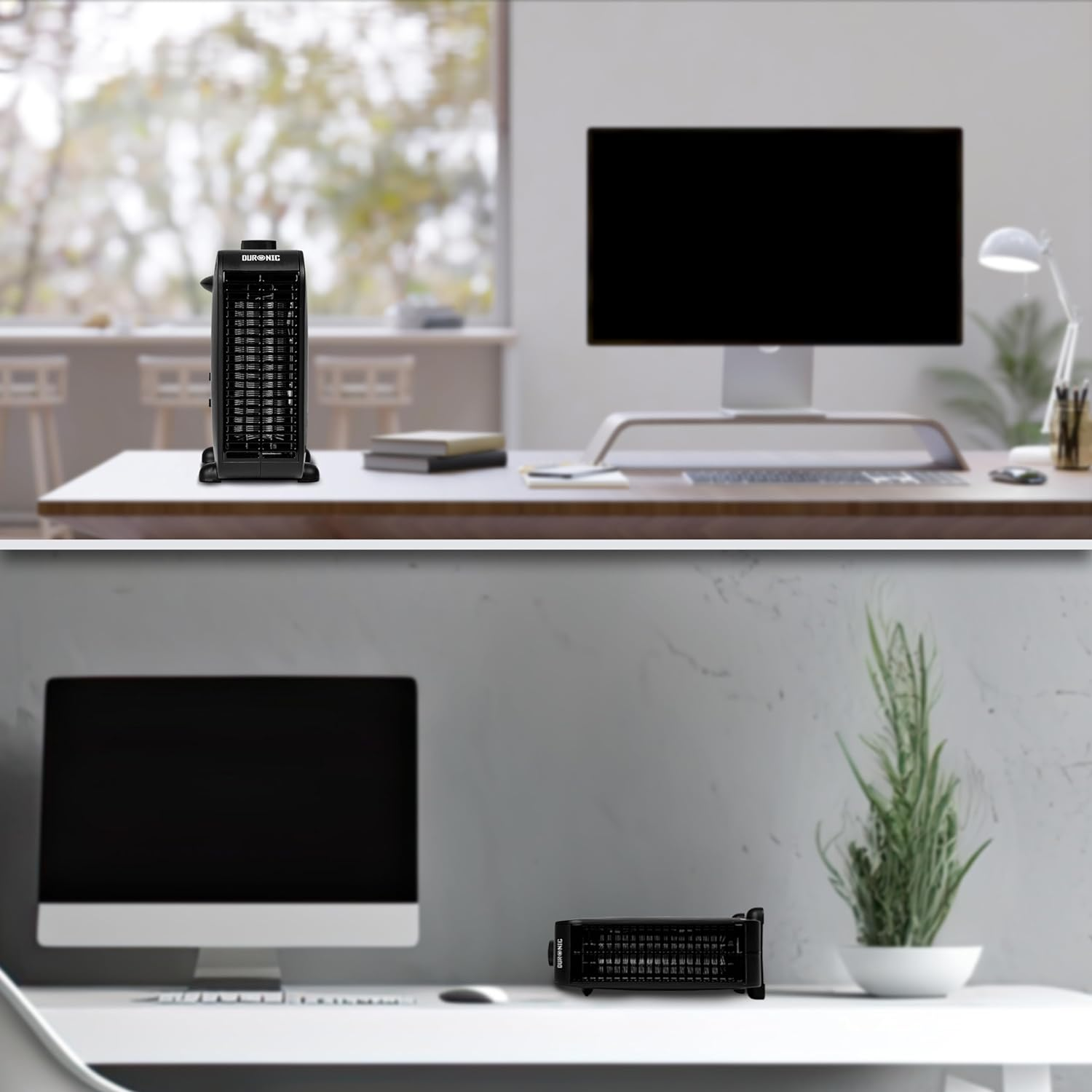 Schwarzer Heizlüfter auf einem weißen Schreibtisch. Ein Monitor und ein Fenster sind im Hintergrund.