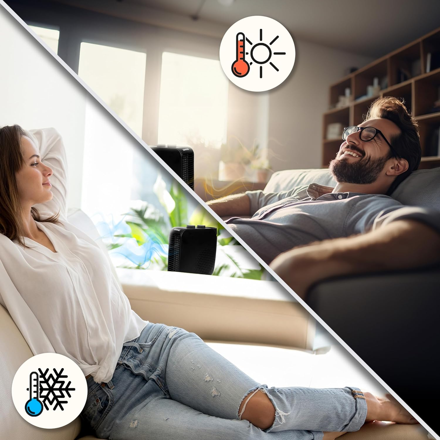Geteiltes Bild: Frau und Mann genießen Wärme und Kälte. Symbole von Sonne und Schneeflocke.