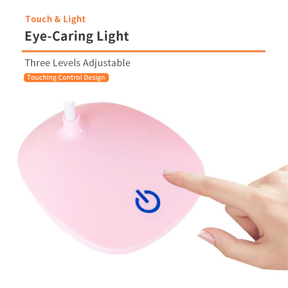 Eine rosa Schreibtischlampe mit beleuchteter Touch-Einschalttaste, ein Finger berührt die Taste.