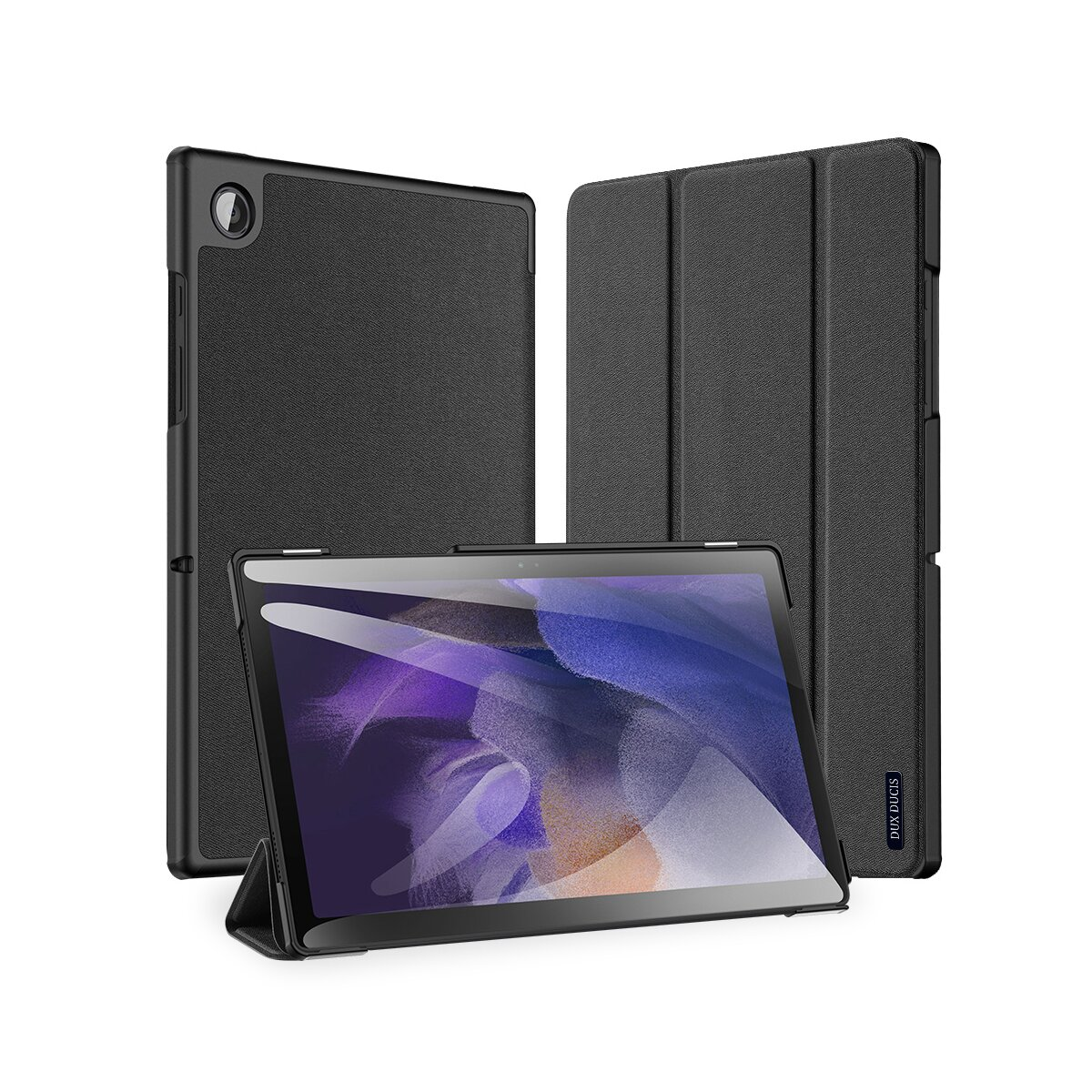 Ein schwarzes Tablet mit Schutzhülle, ein Gehäuse ist geöffnet und ein Tablet wird angezeigt.