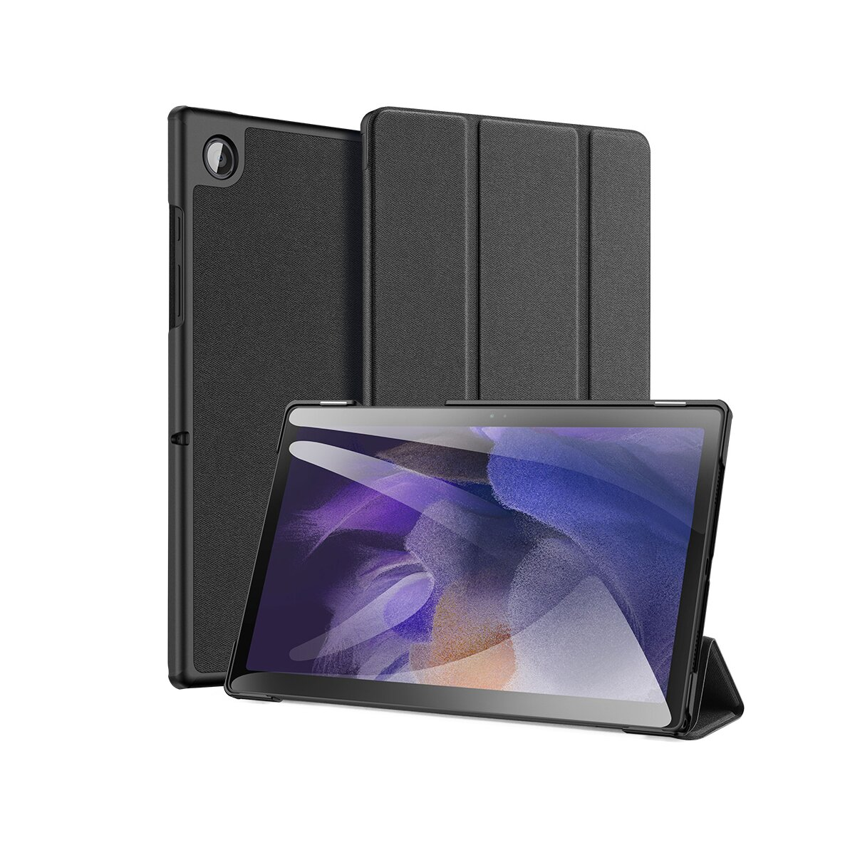 Schwarze Tablethülle mit Tablet darin. Es ist eine Schutzhülle.