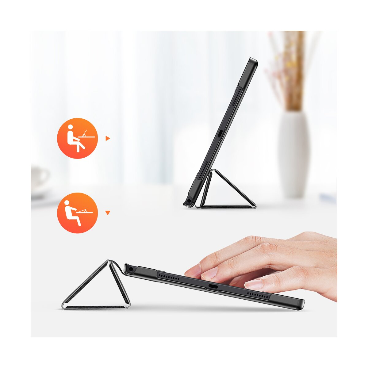 Schwarzes Tablet in zwei Positionen mit Symbolen.