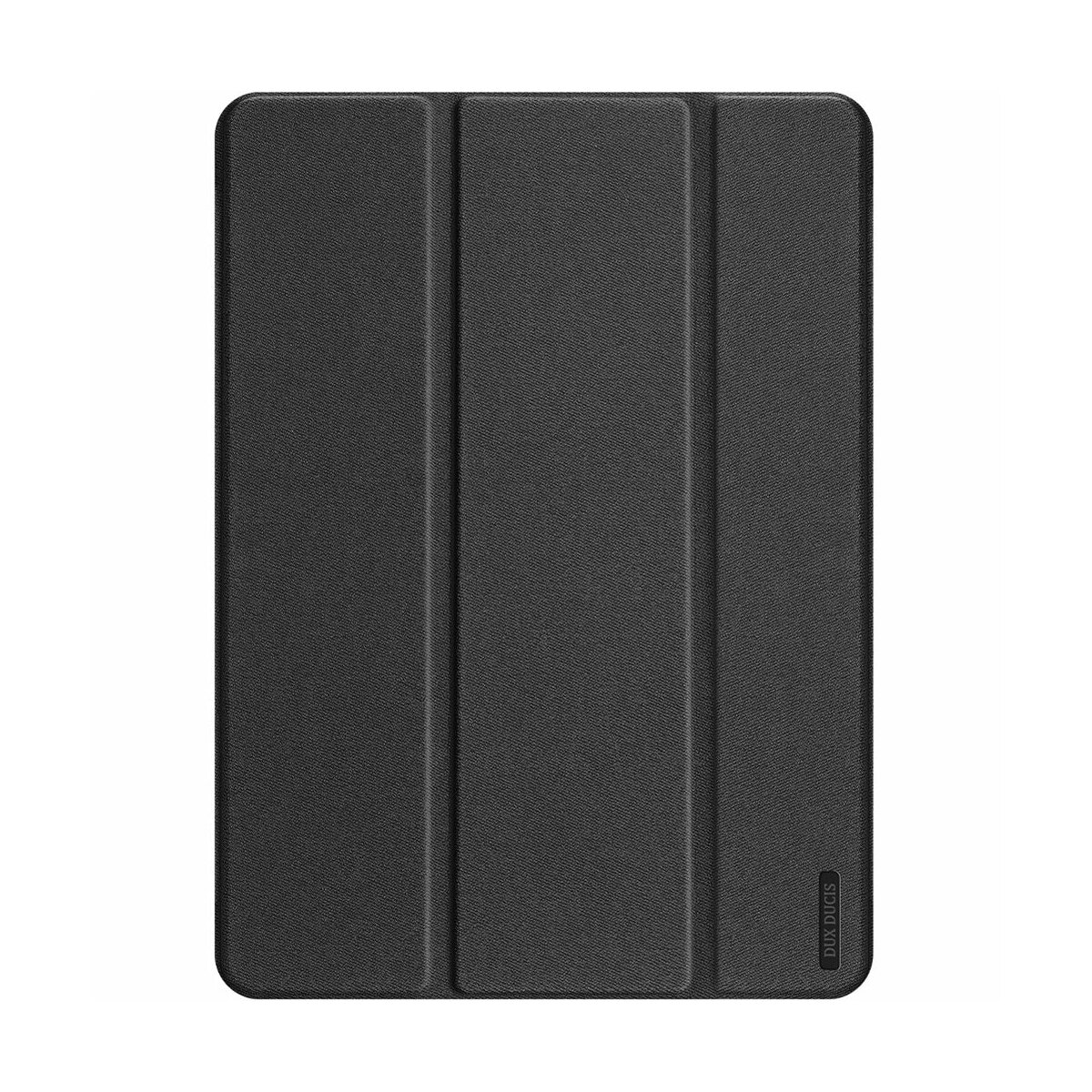 Eine schwarze, geschlossene Tablet-Hülle. Die Hülle hat drei Falten und scheint aus einem strukturierten, matten Material zu bestehen.