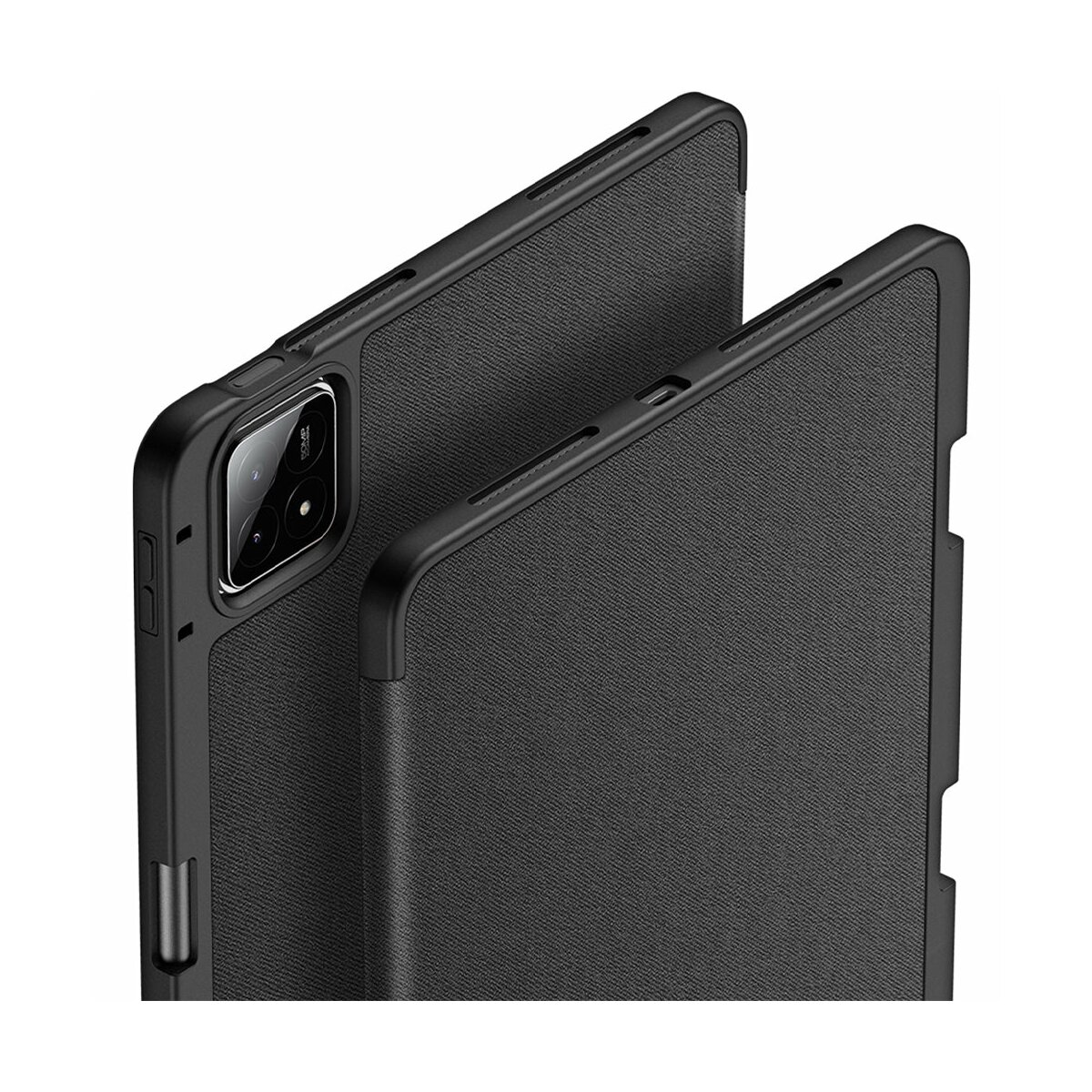 Zwei schwarze iPad-Hüllen. Sie haben eine strukturierte Oberfläche.