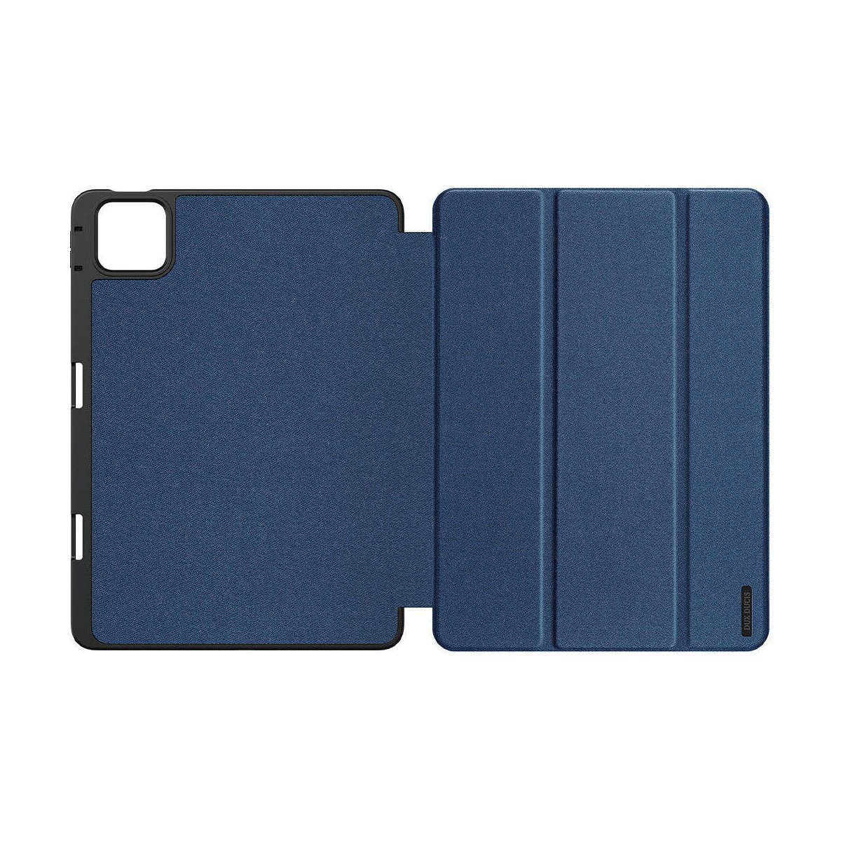 Blaue Tablethülle, geöffnet. Es hat eine Abdeckung und eine Rückseite. Es liegt auf einer weißen Oberfläche.