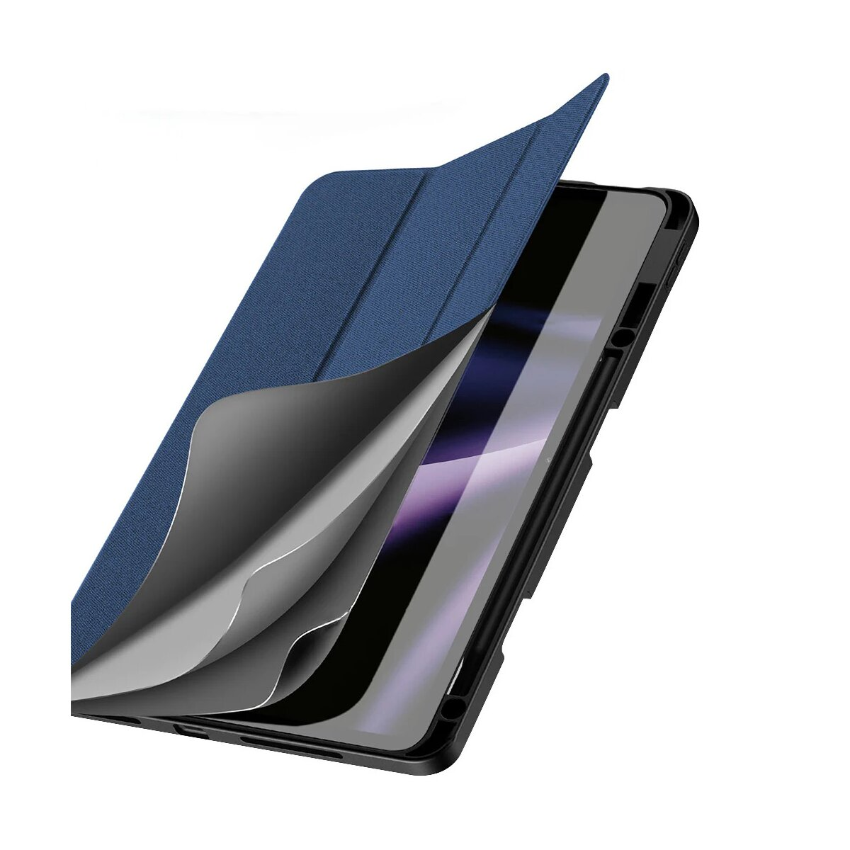 Blaue Tablethülle mit teilweise eingelegtem Tablet. Die Abdeckung ist geöffnet und zeigt den Bildschirm.