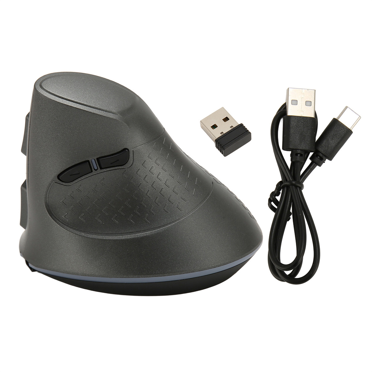 Graue vertikale ergonomische Maus, USB-Empfänger und USB-C-Kabel auf weißem Hintergrund.