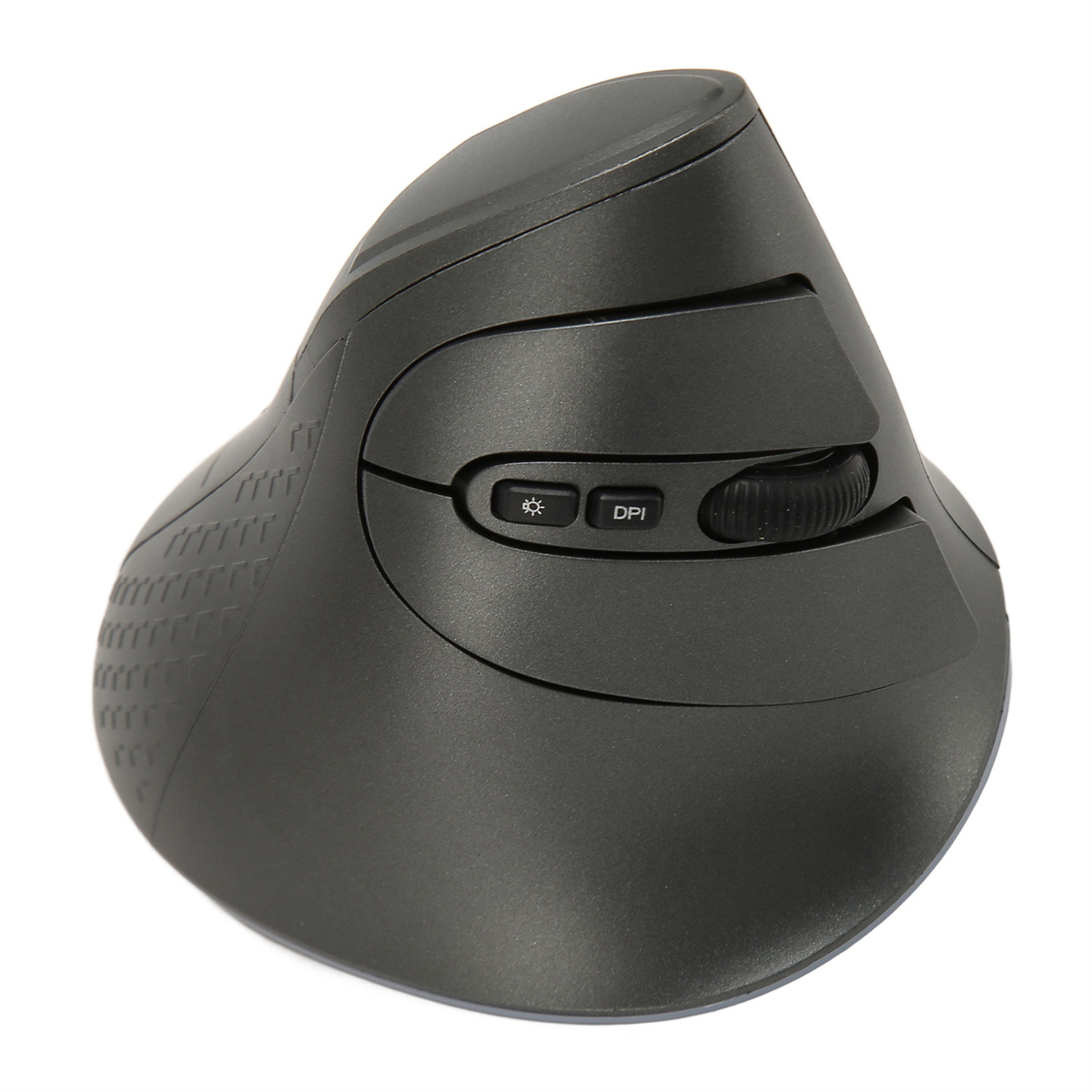 Ergonomische schwarze vertikale Maus. Hat Tasten, ein Scrollrad und einen strukturierten Griffbereich.