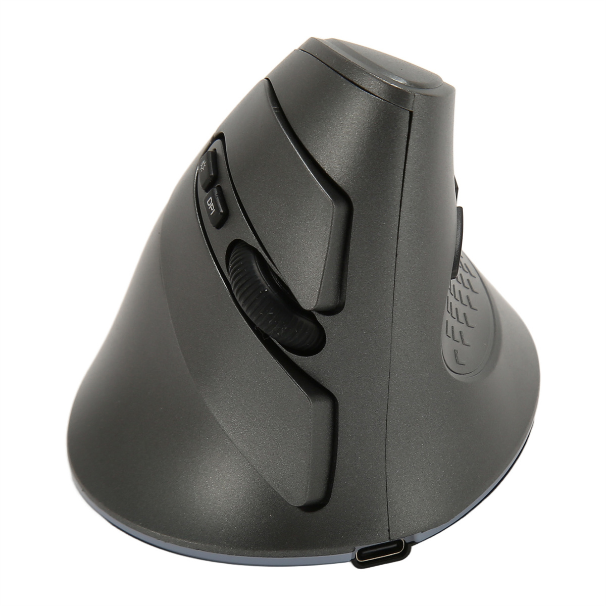 Eine graue ergonomische Maus mit Tasten und einem Scrollrad. Sie ist geneigt.