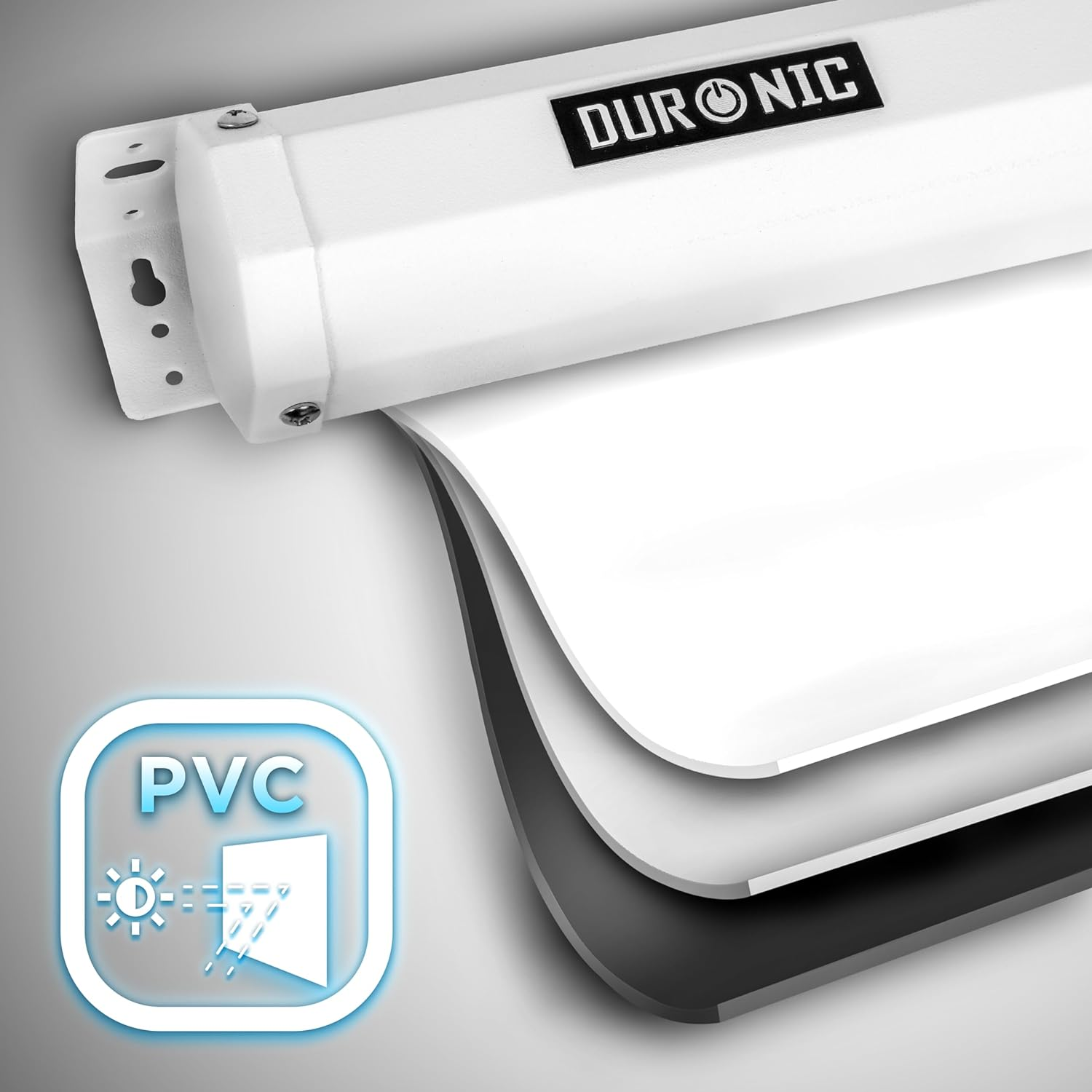 Una pantalla de proyector blanca con un marco blanco. Se muestra un icono de PVC con lluvia y sol.