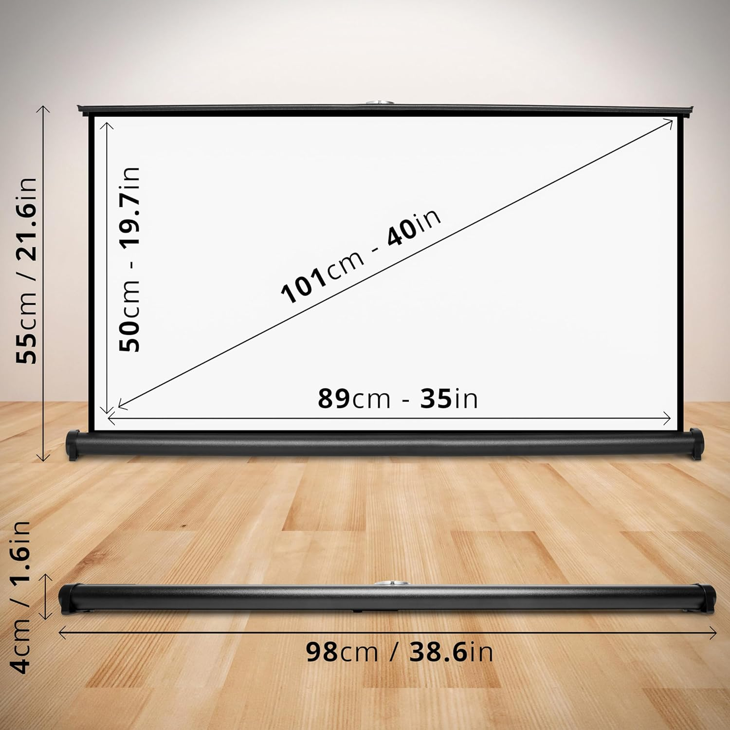Eine weiße Projektorleinwand mit markierten Abmessungen.