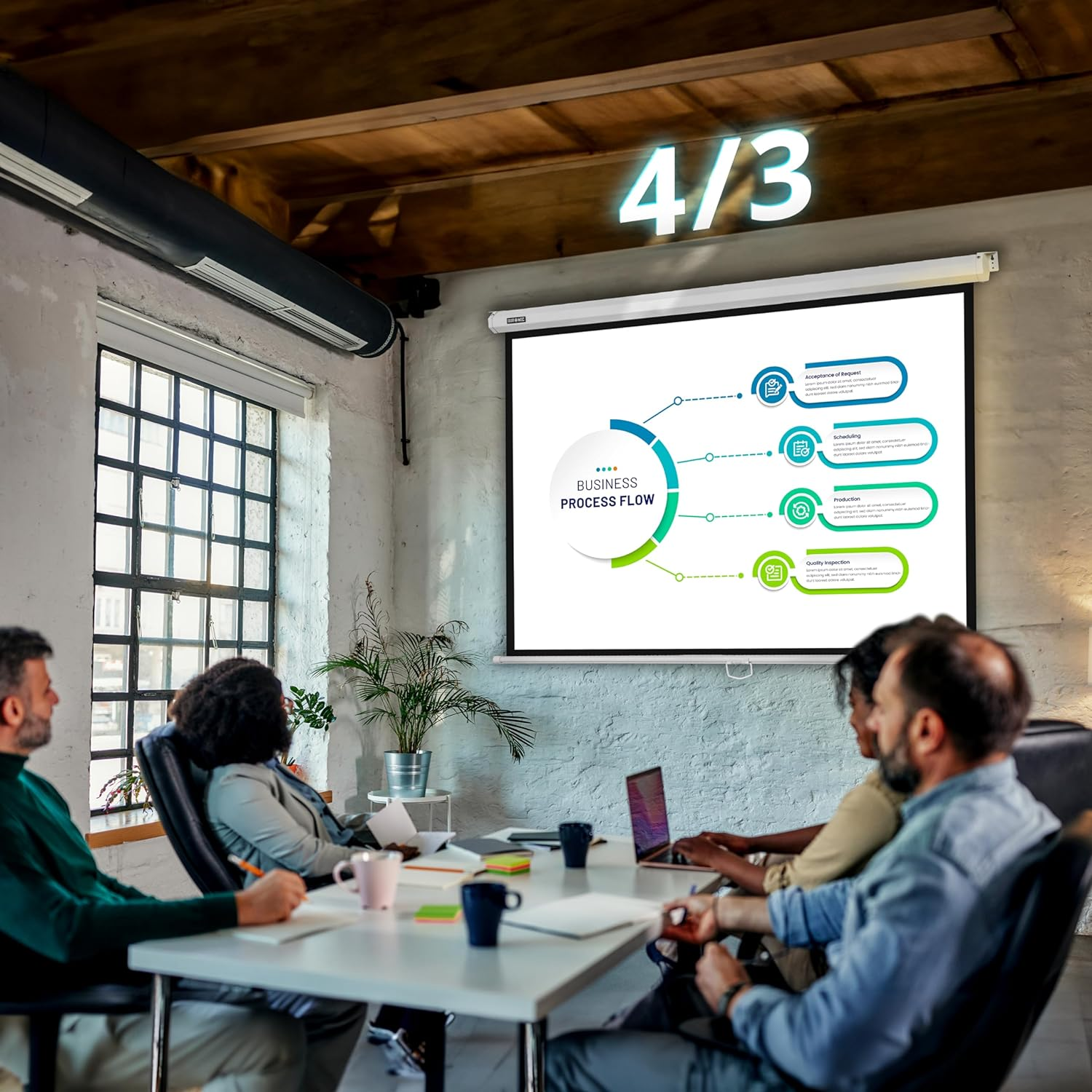 Sala de reuniones con personas mirando una pantalla de proyección. Diagrama de flujo de procesos empresariales. Fondo blanco.