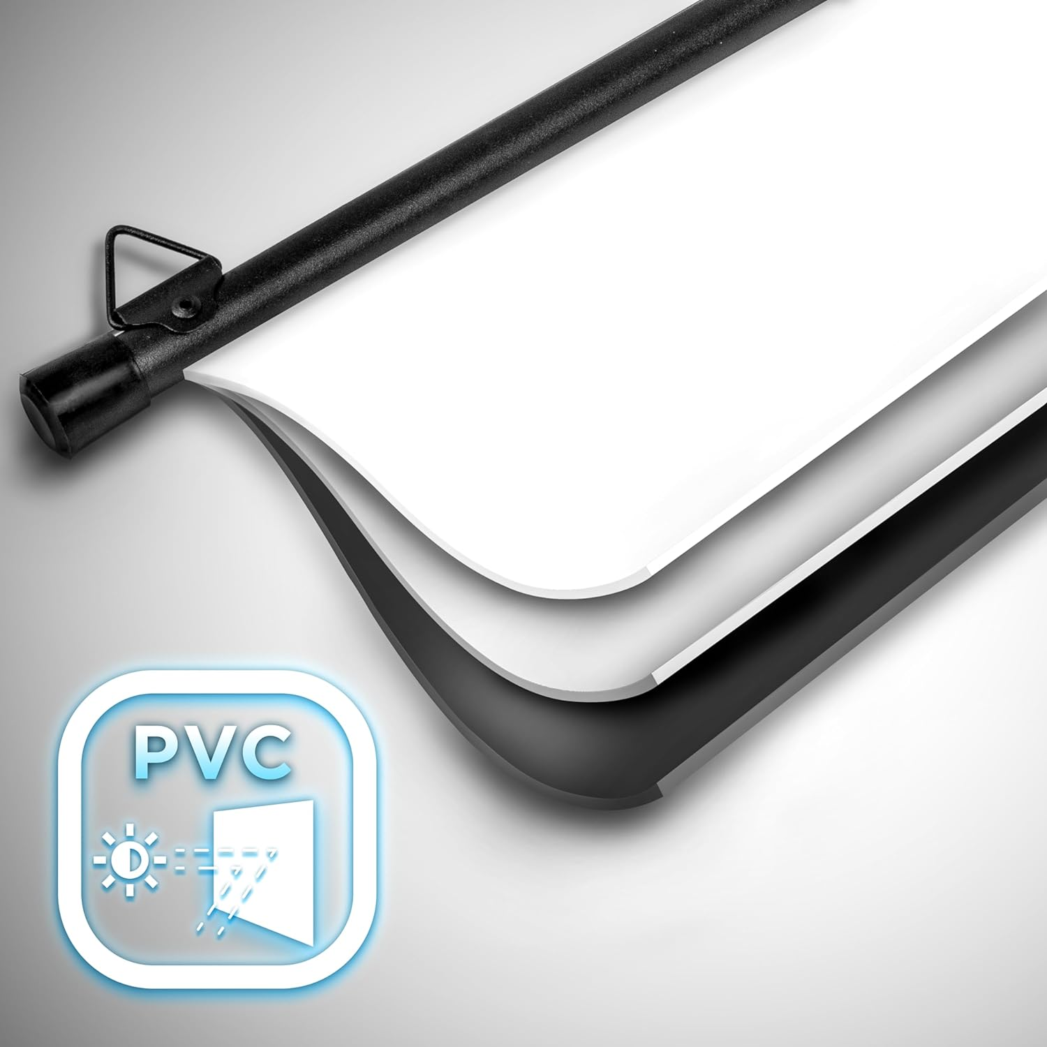 PVC-Bildschirm mit schwarzem Balken, der Schichten und eine Grafik von Sonnenlicht und Regen zeigt.