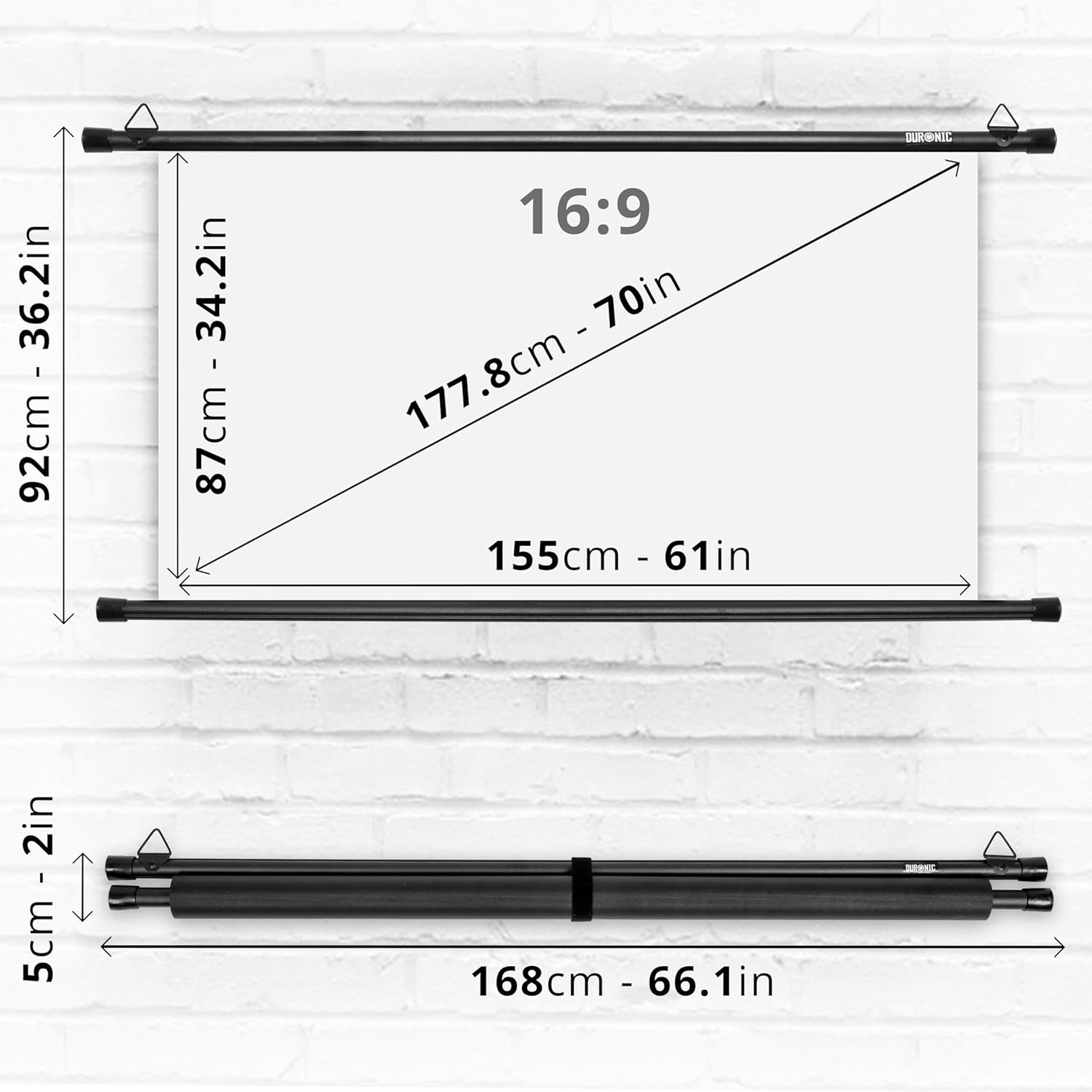 Weiße Projektionsleinwand mit schwarzen Balken. Abmessungen sind in Zentimetern und Zoll angegeben.