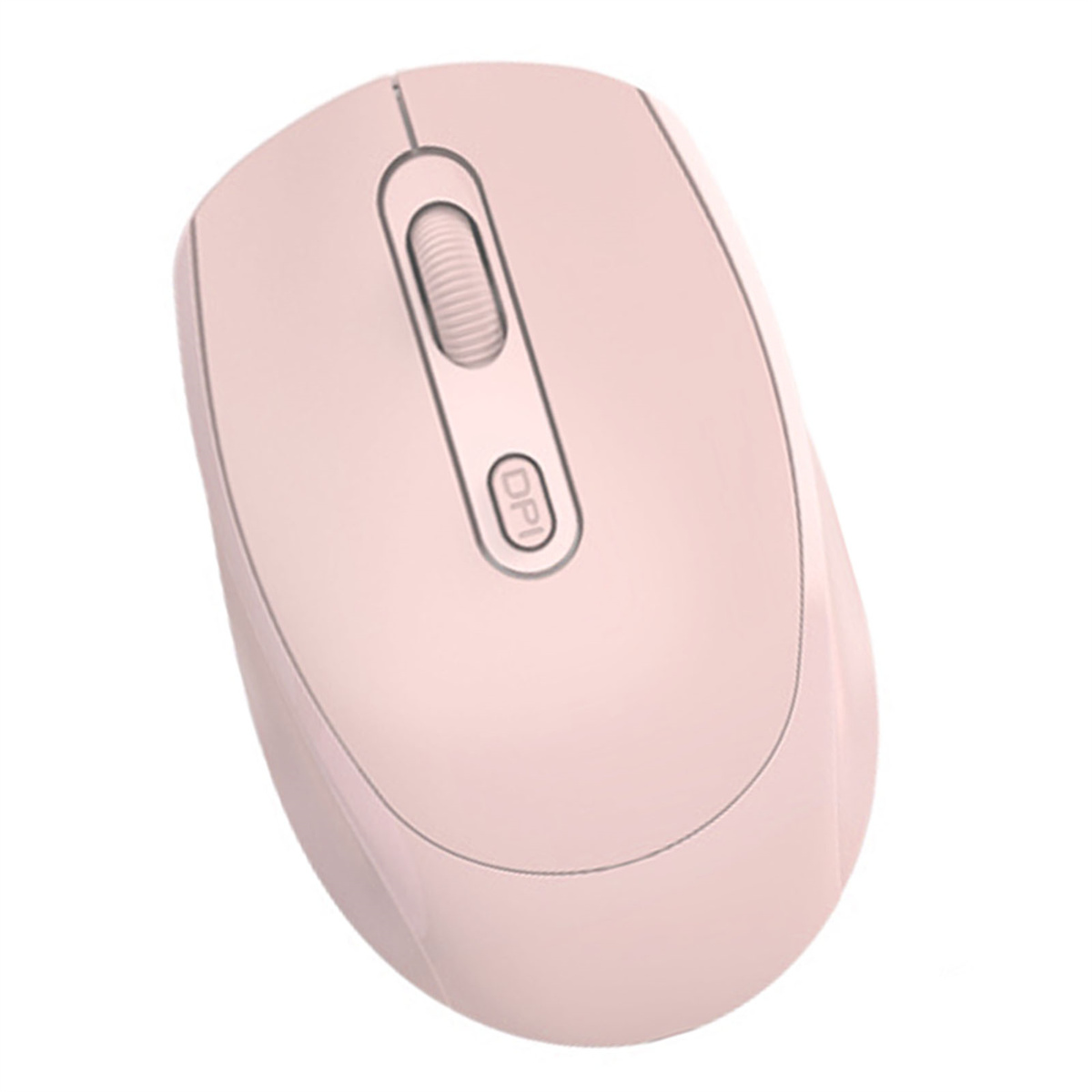 Rosa Computermaus mit Scrollrad und DPI-Taste. Weißer Hintergrund.