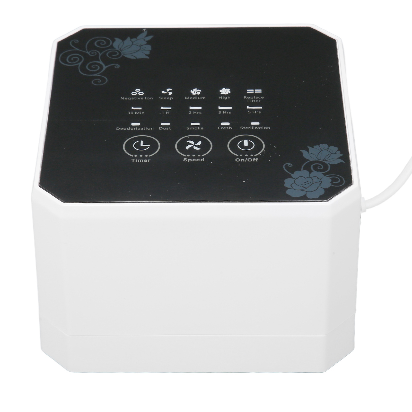 Weißer Luftreiniger mit Touch-Panel, Blumendesign und Einstellungssymbolen.
