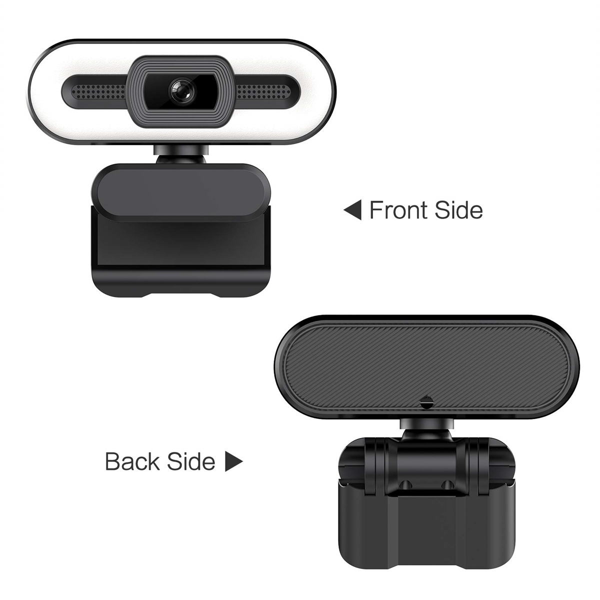 Webcam-Vorder- und Rückansicht zeigen das Design. Die Vorderseite hat einen Lichtring.